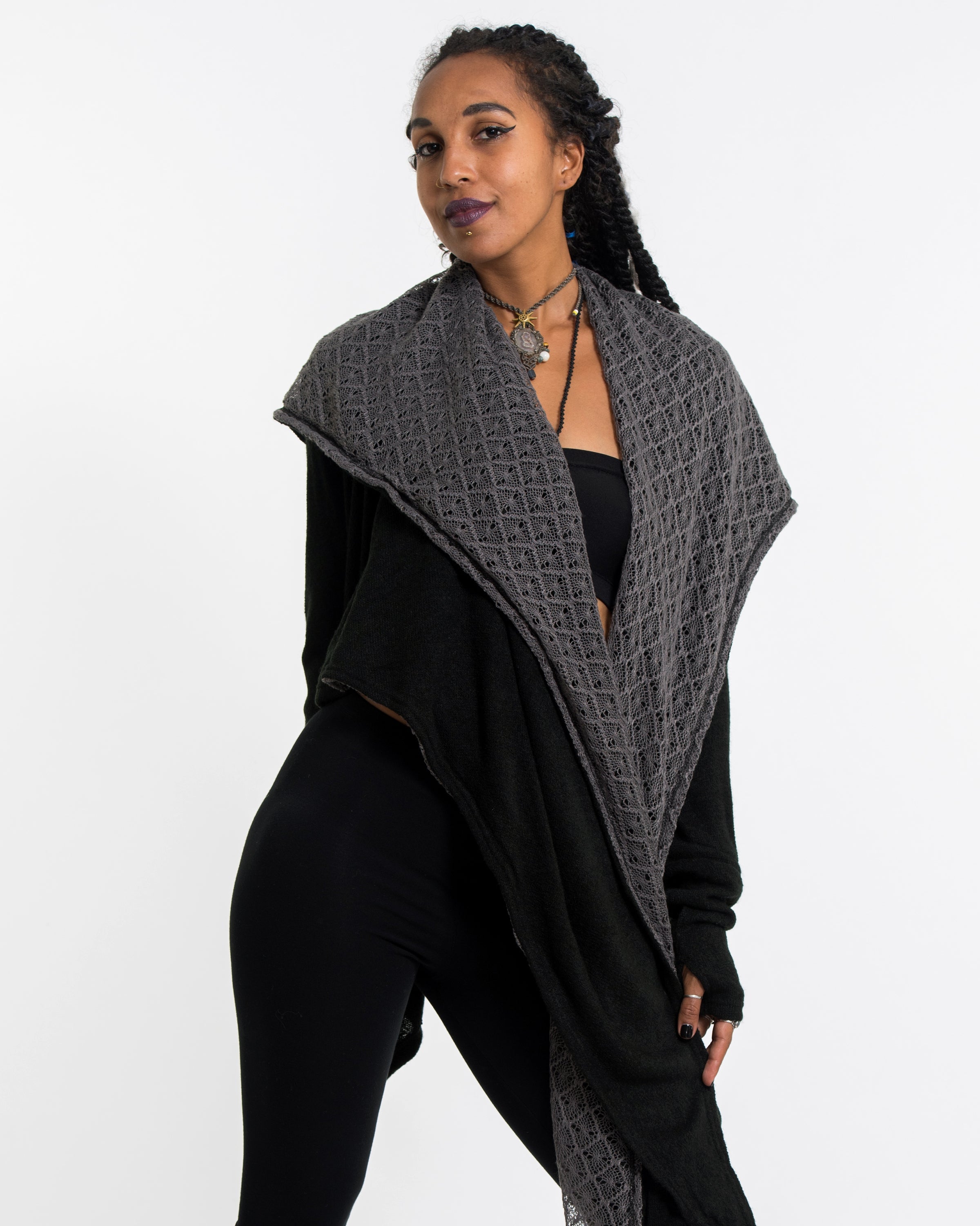 Hoodie Shawl Cardigan in Black