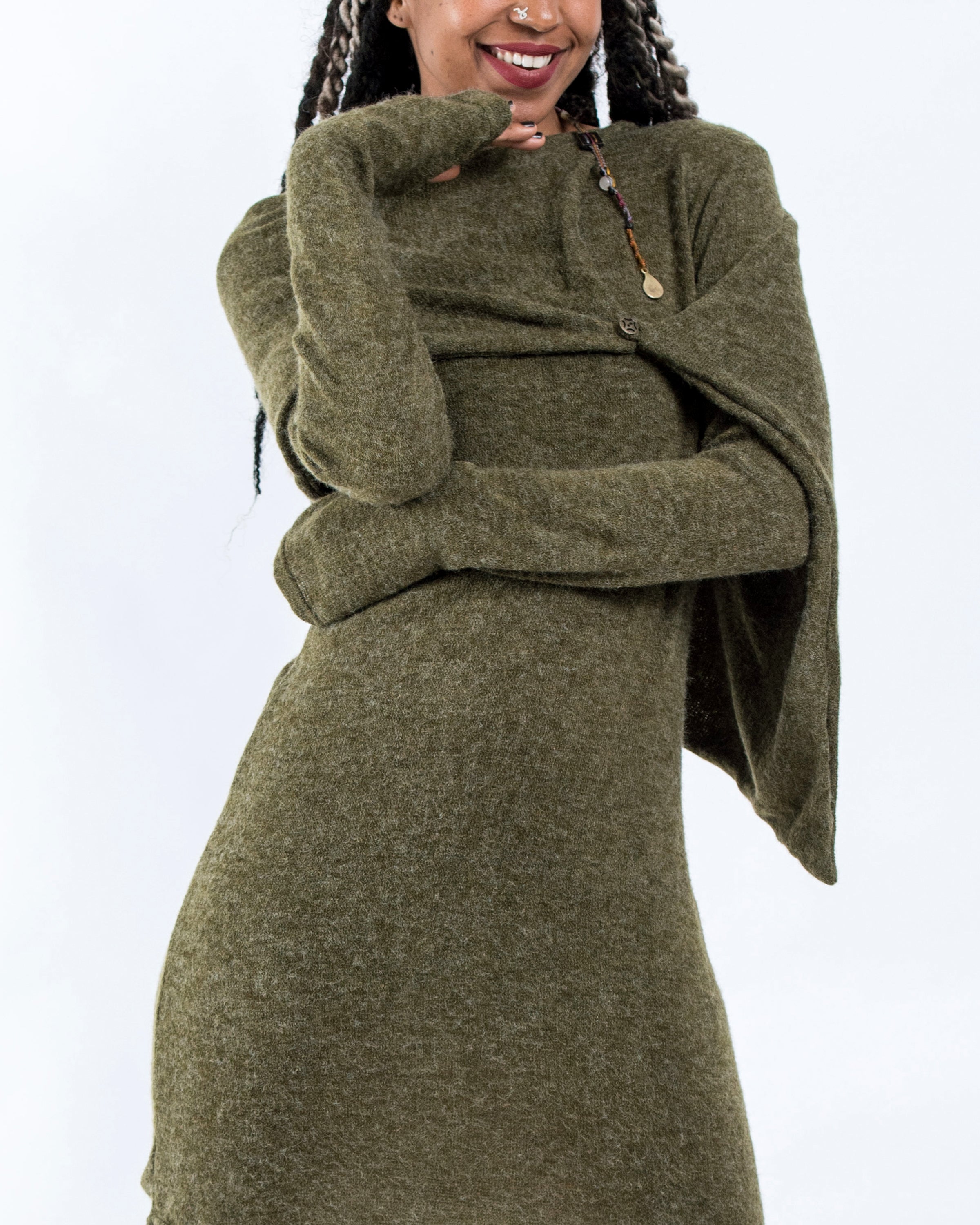 Sure Design Shawl Hoodie Combo Sweater Dress in Green Sure Design Shawl Hoodie Combo Sweater Dress in Green
