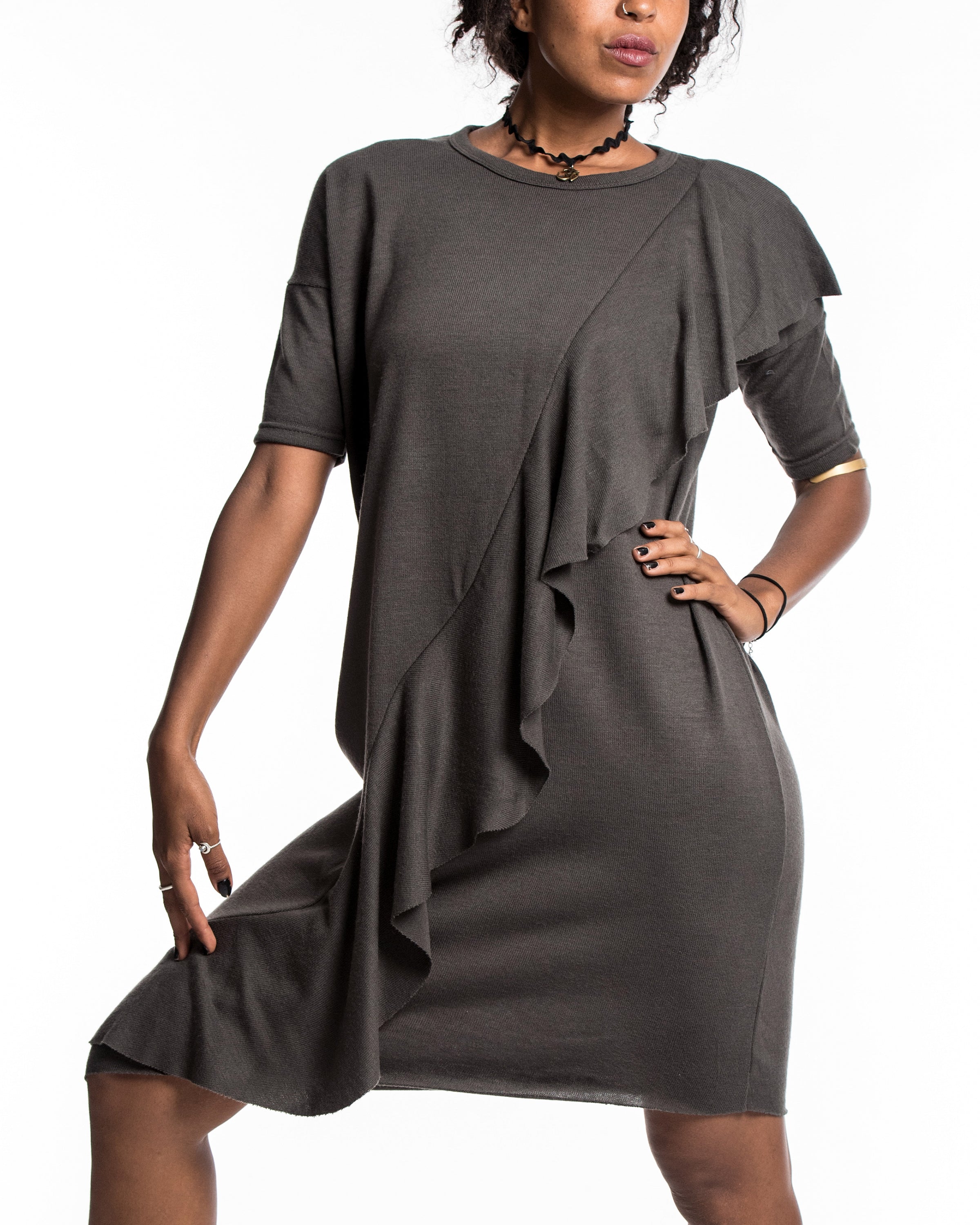 Diagonal Frill Dress in Gray