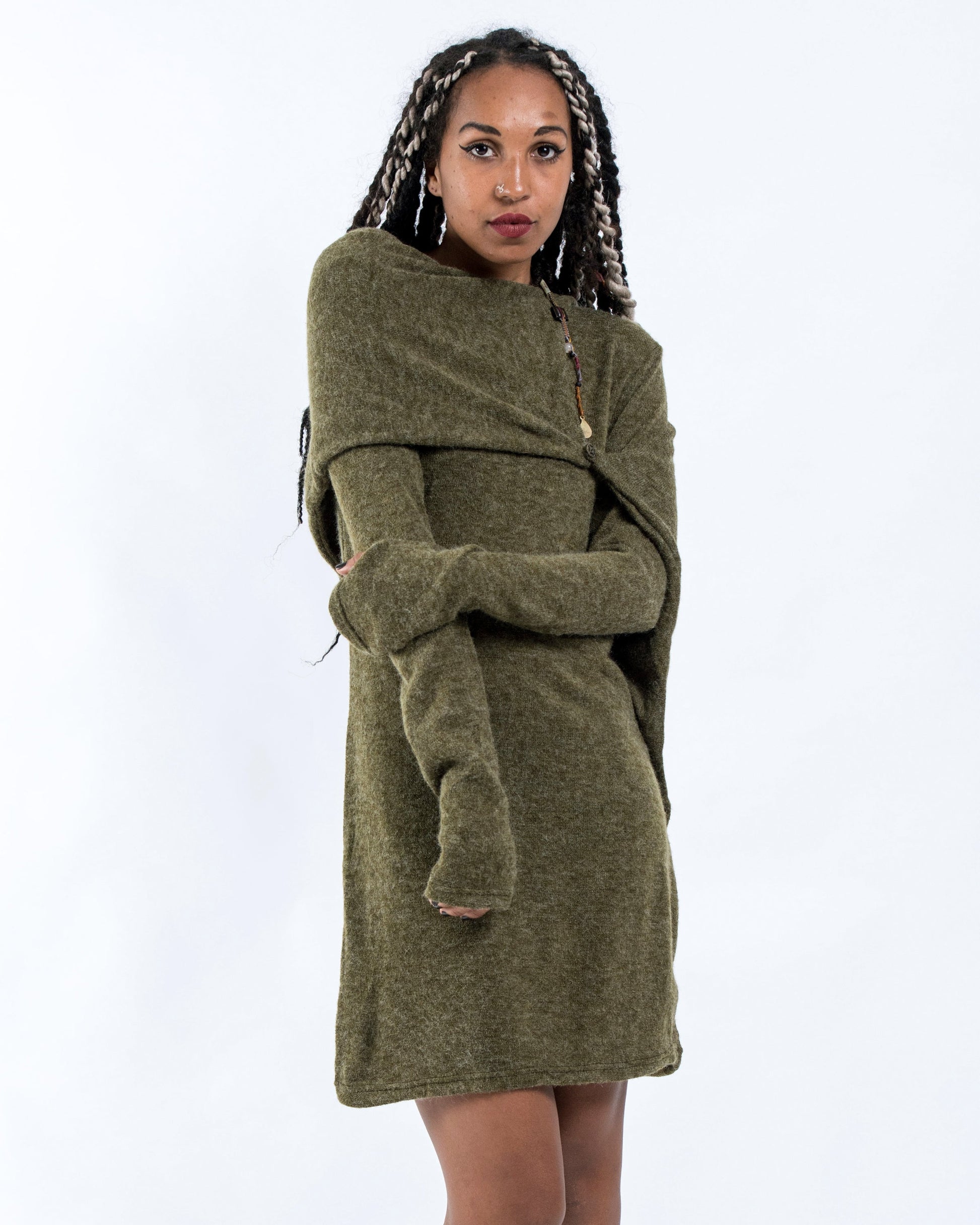 Sure Design Shawl Hoodie Combo Sweater Dress in Green