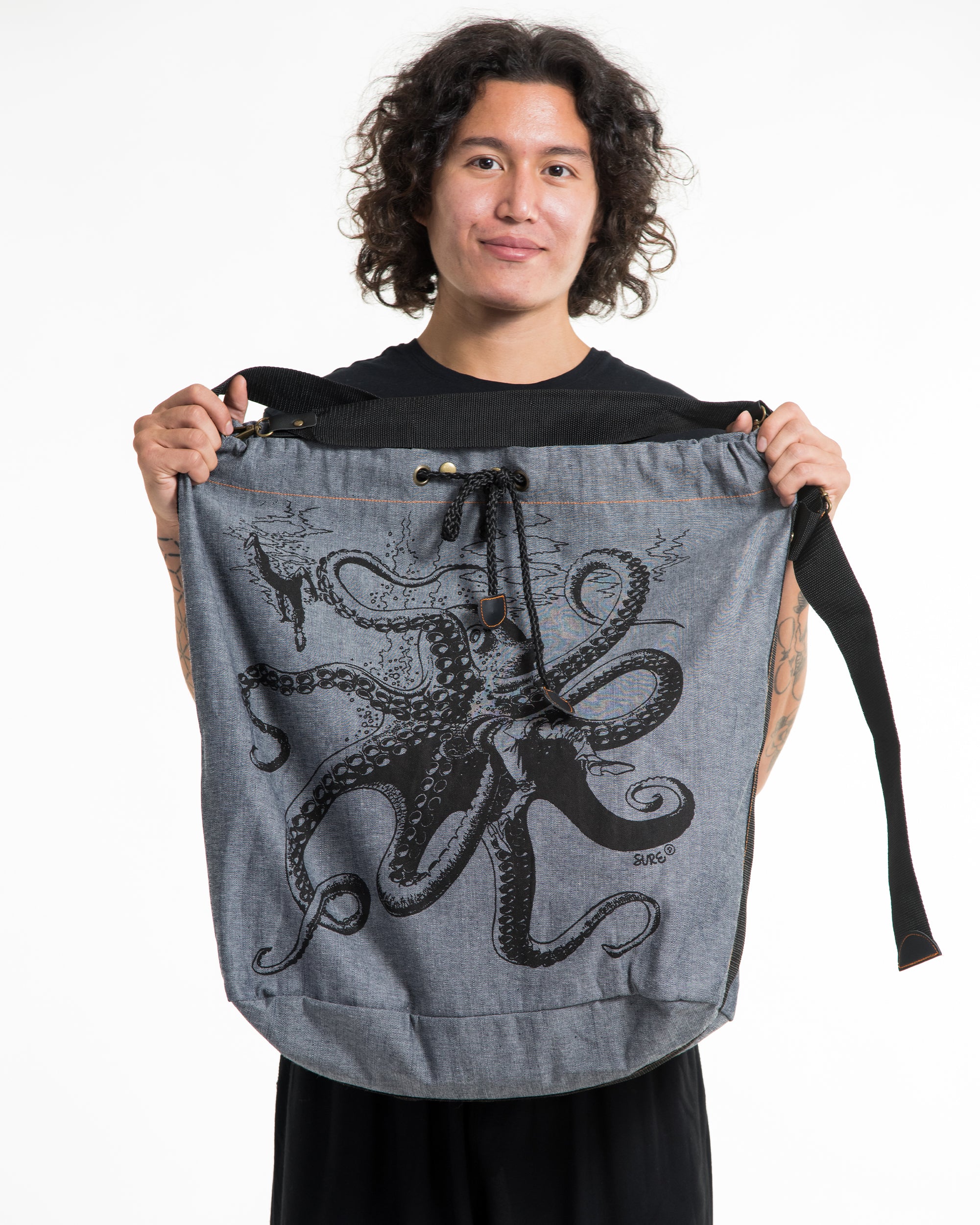 Octopus Denim Drawstring Tote Bag