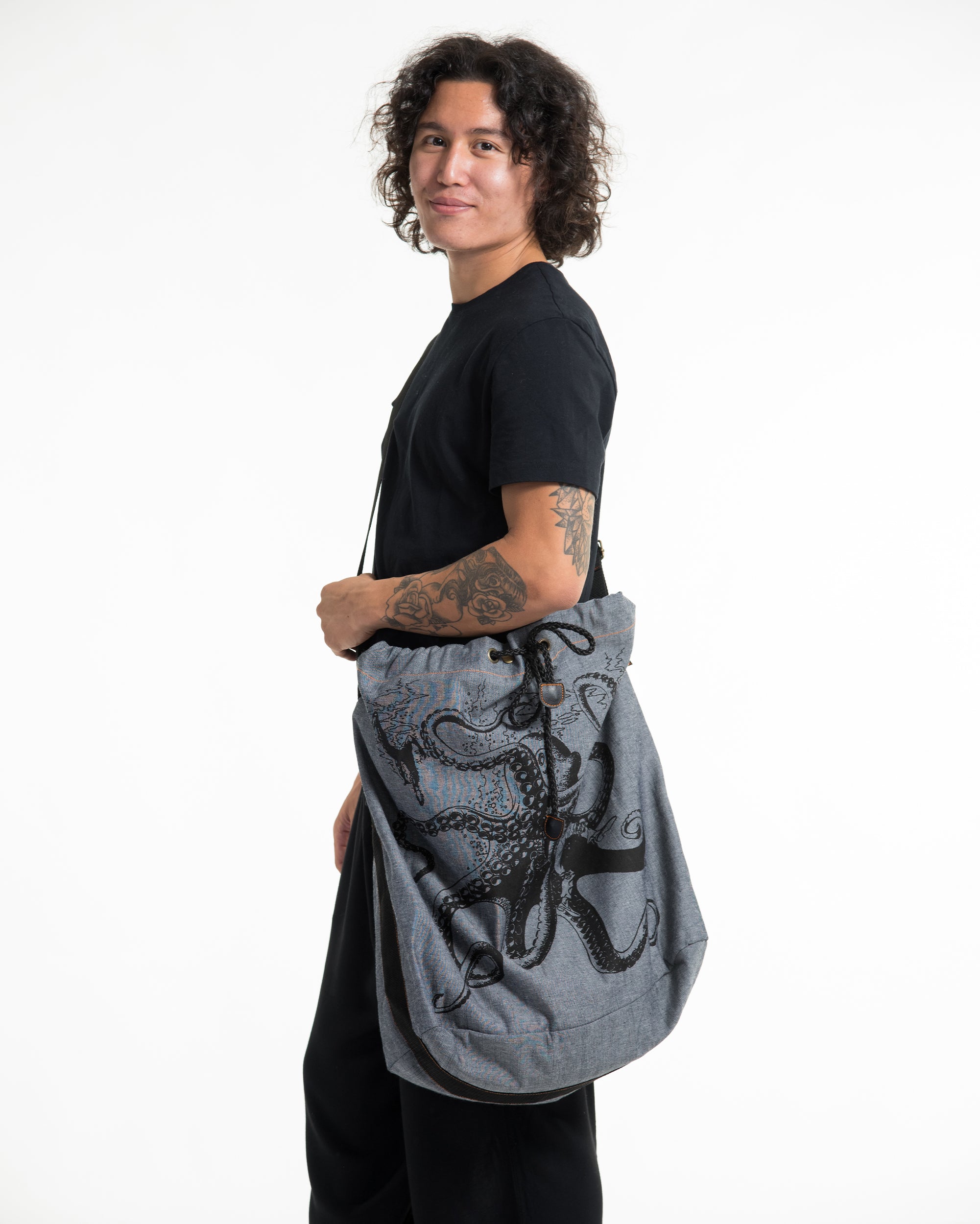 Octopus Denim Drawstring Tote Bag