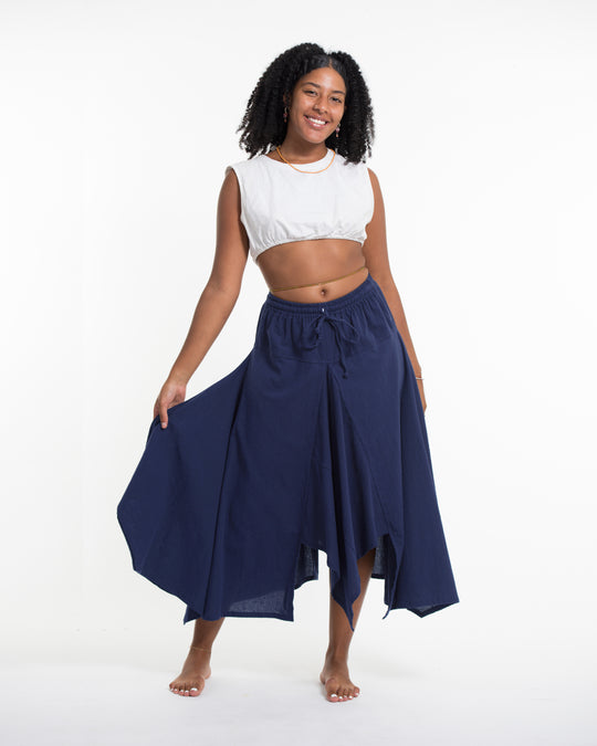 Solid Color Cotton Handkerchief Midi Skirt in Navy