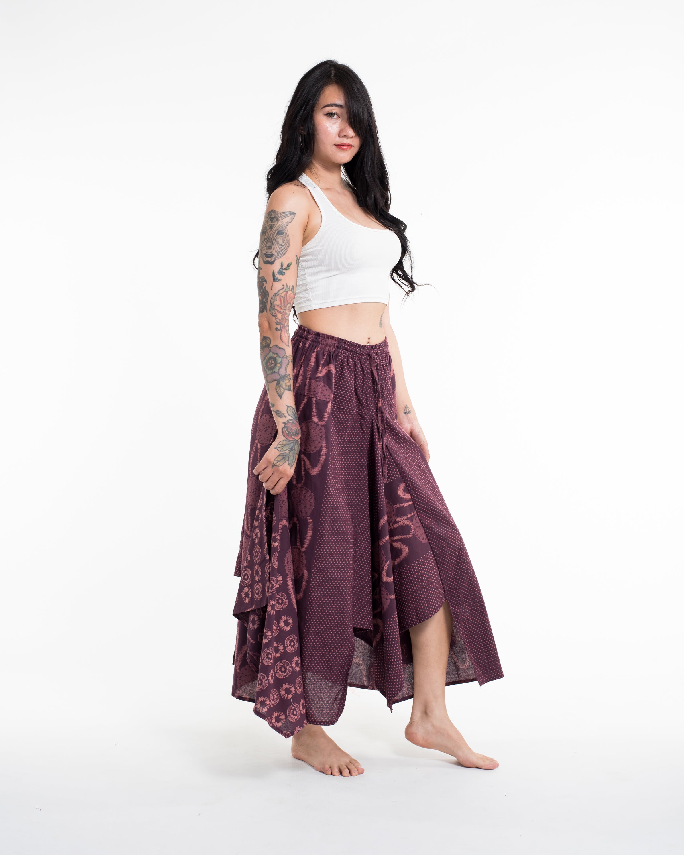 Daisy Dot Prints Cotton Handkerchief Midi Skirt in Purple