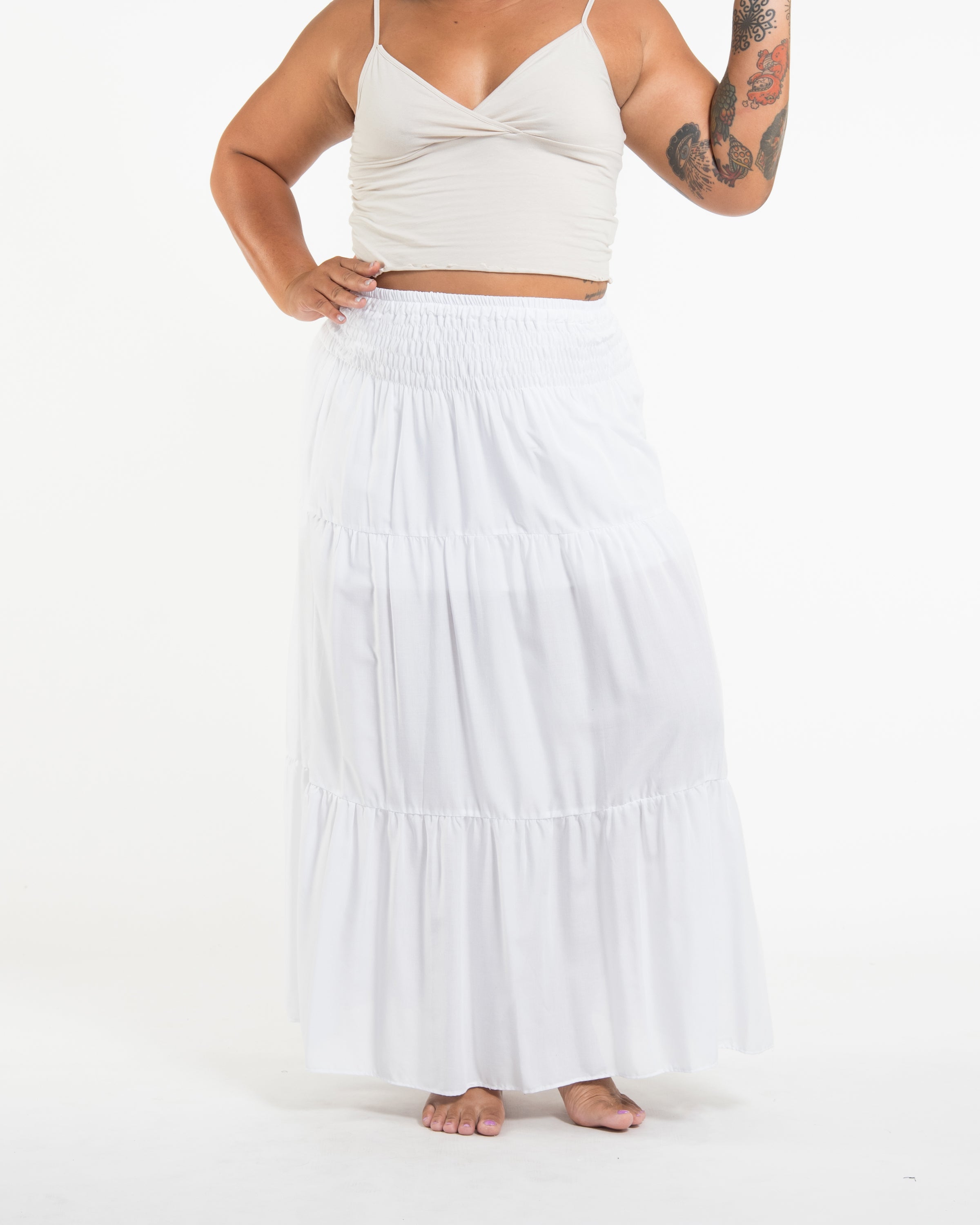 Plus Size Solid Color Midi Skirt in White