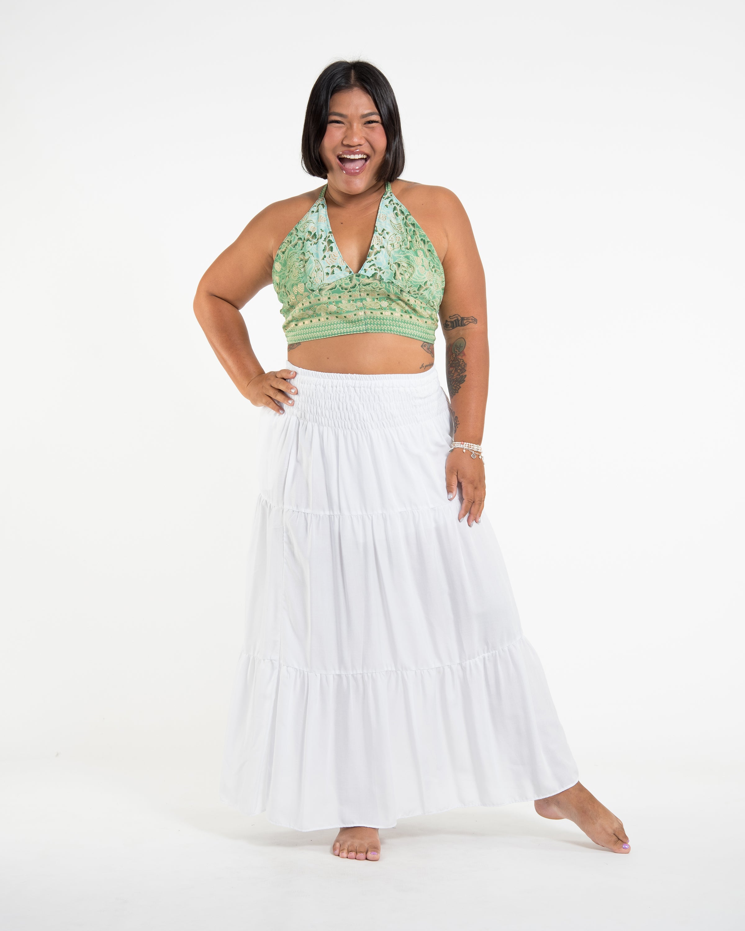 Plus Size Solid Color Midi Skirt in White