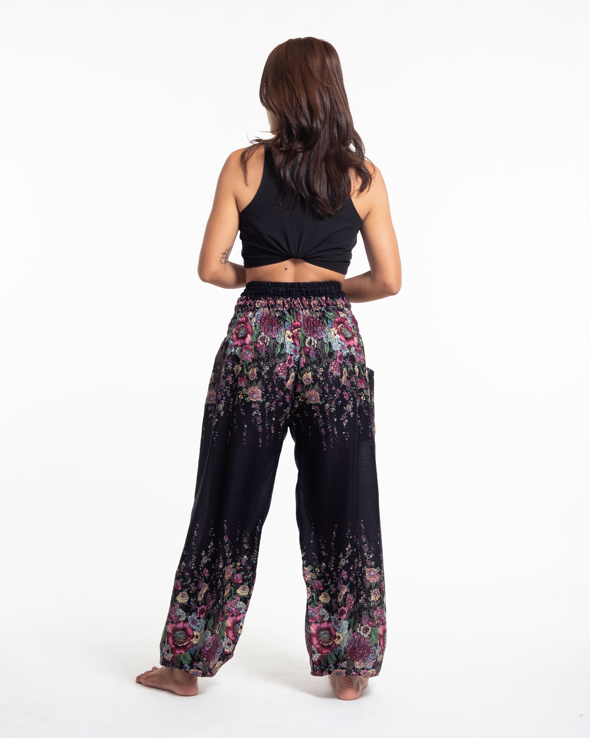 Dark Purple Floral Cuffless Harem Pants with Matching Top Knot Hat