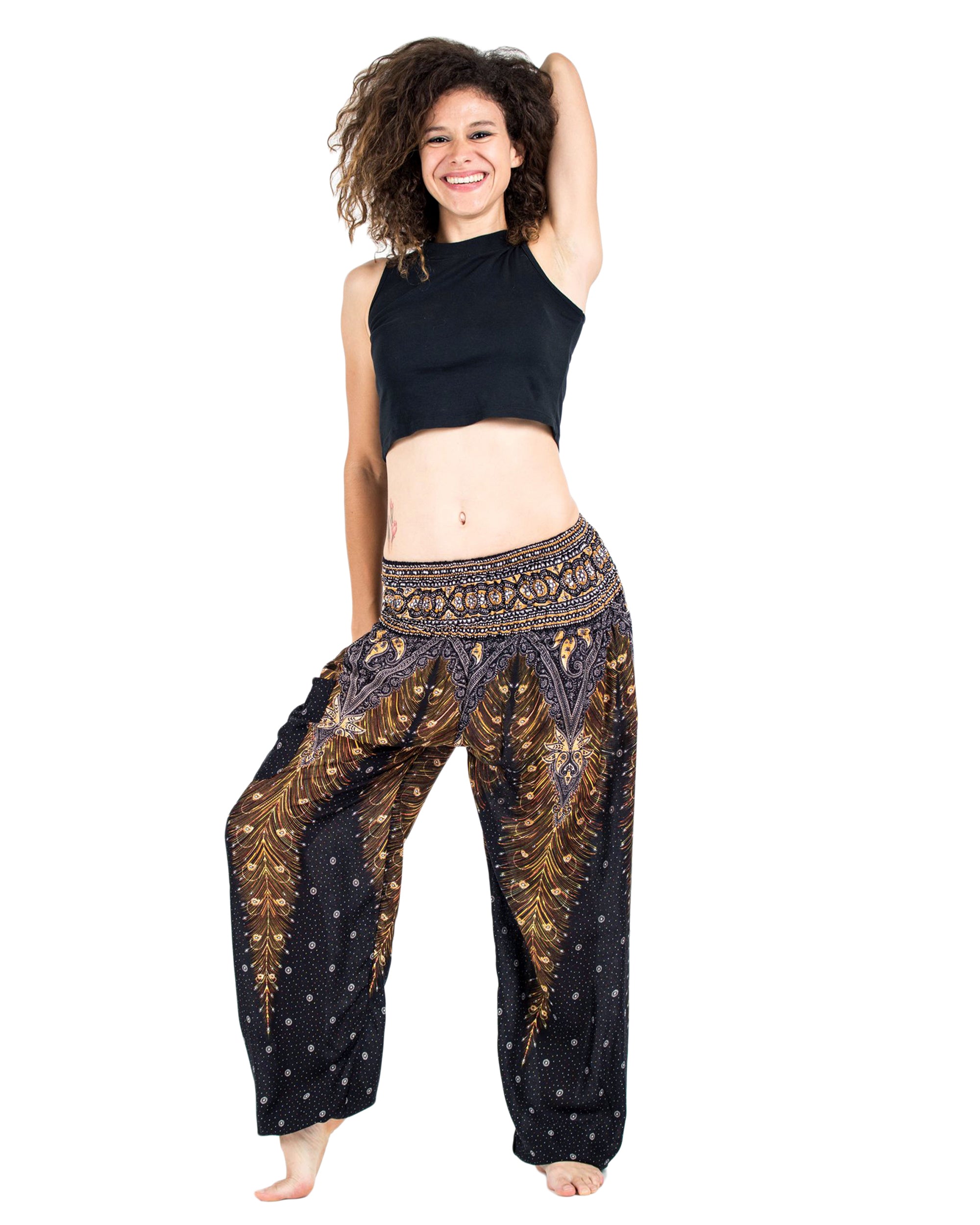 Peacock Feathers Women's Harem Pants in Black
