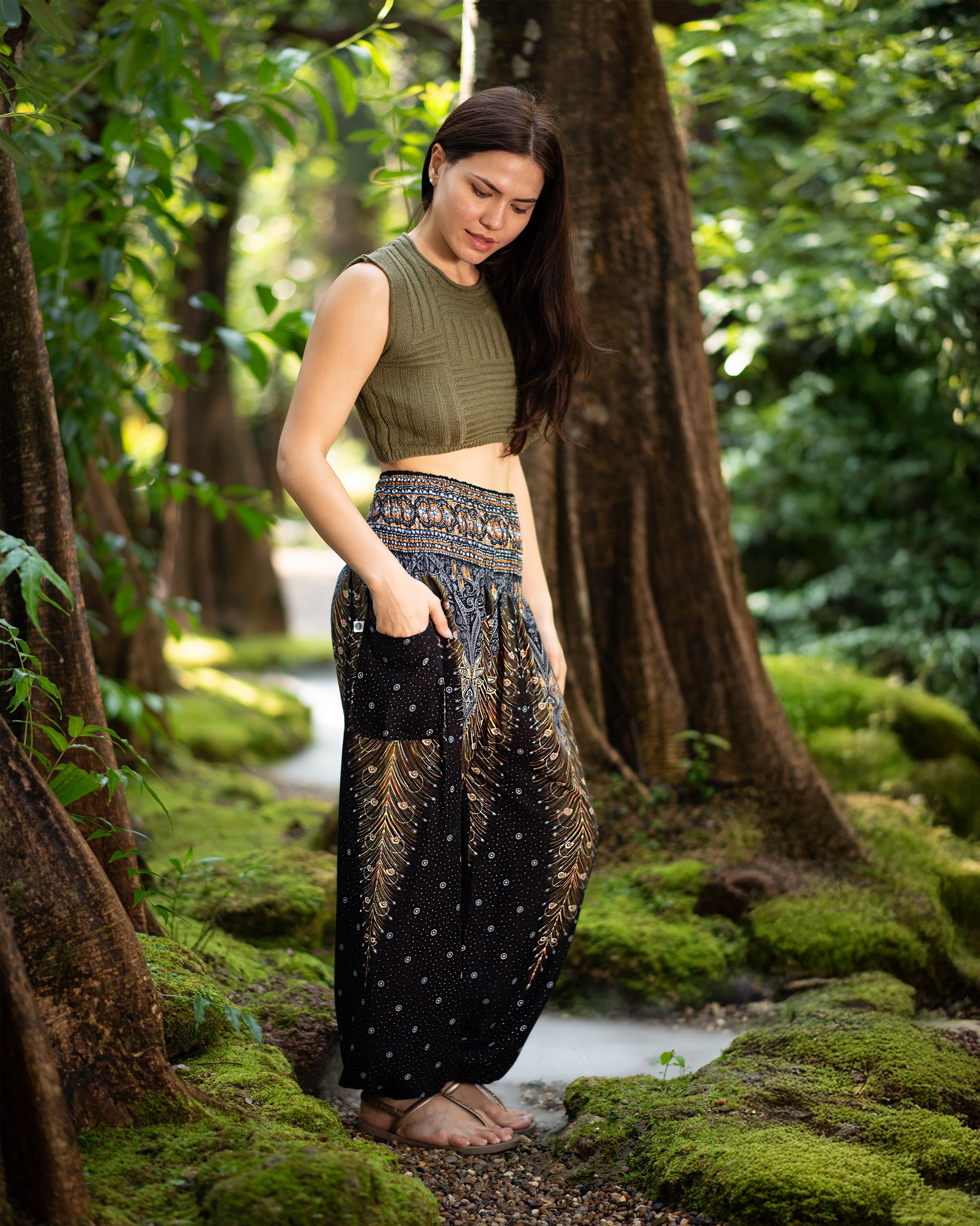 Peacock Feathers Women's Harem Pants in Black