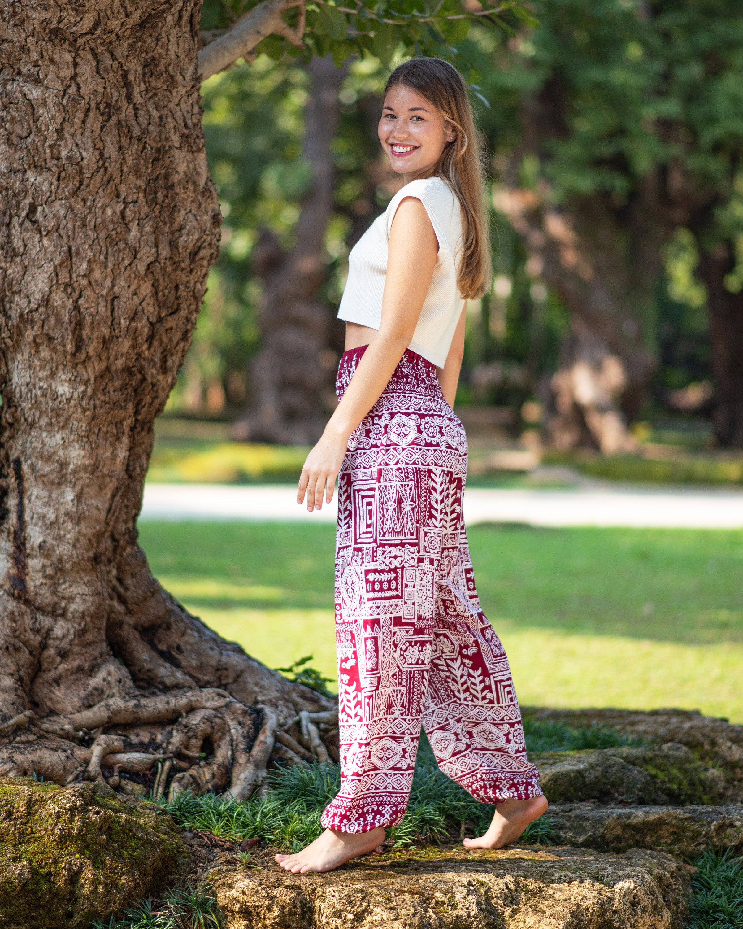 AvaCostume Pantaloni Harem Donna Vita Alta Stile Hippie - Rossi E Comodi Taglia XXL