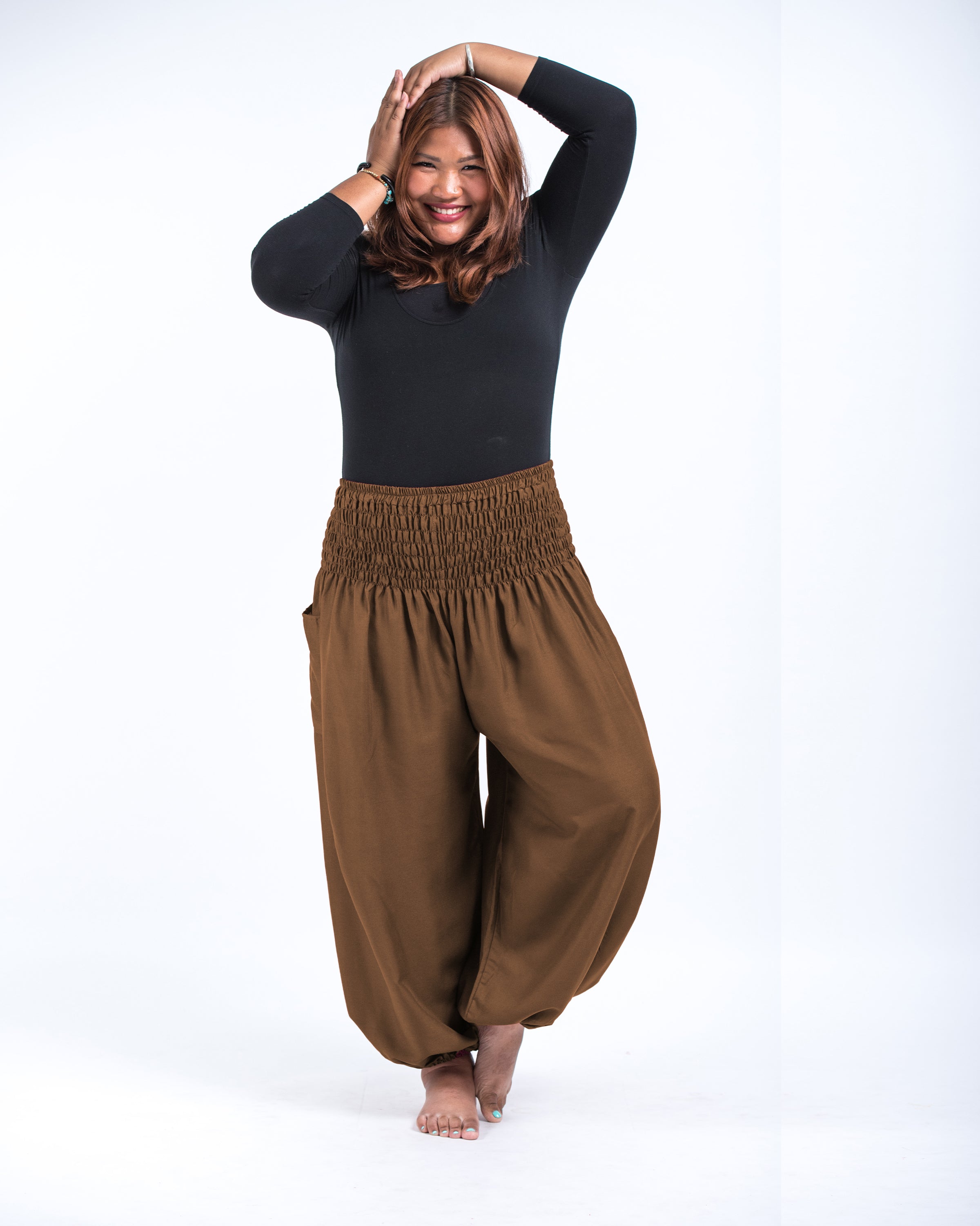 Plus Size Solid Color Women's Harem Pants in Brown