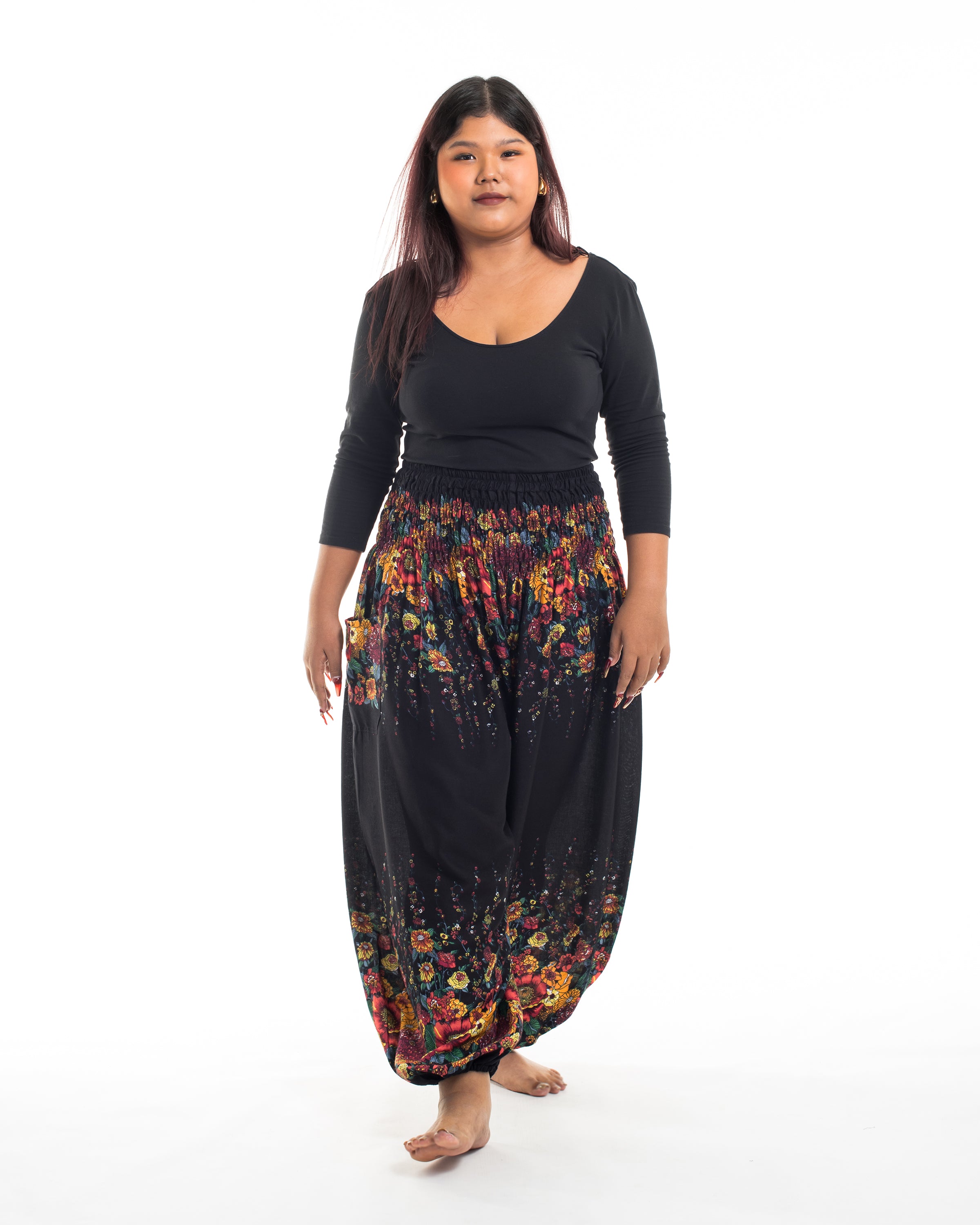 Plus Size Floral Women's Harem Pants in Black