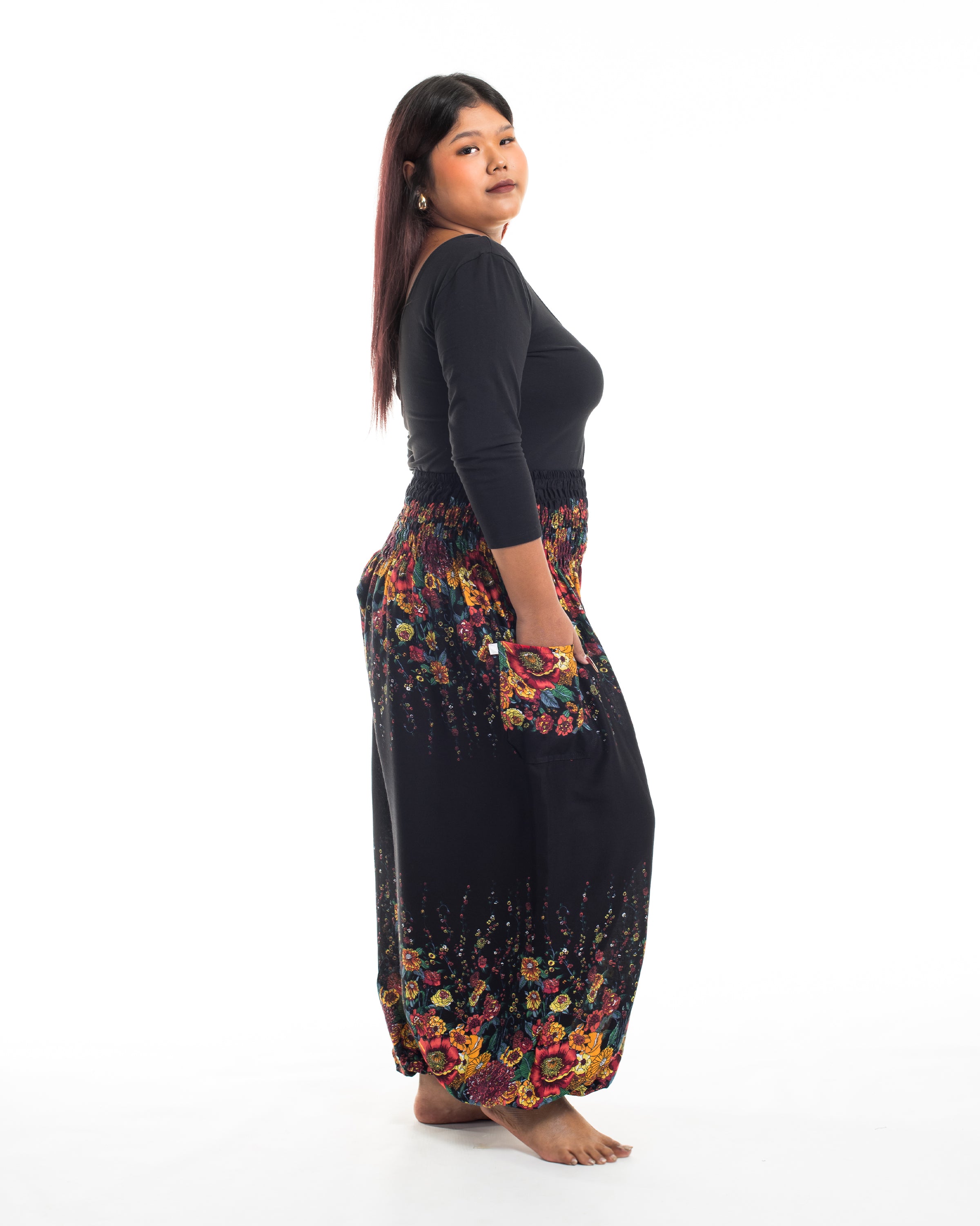 Plus Size Floral Women's Harem Pants in Black