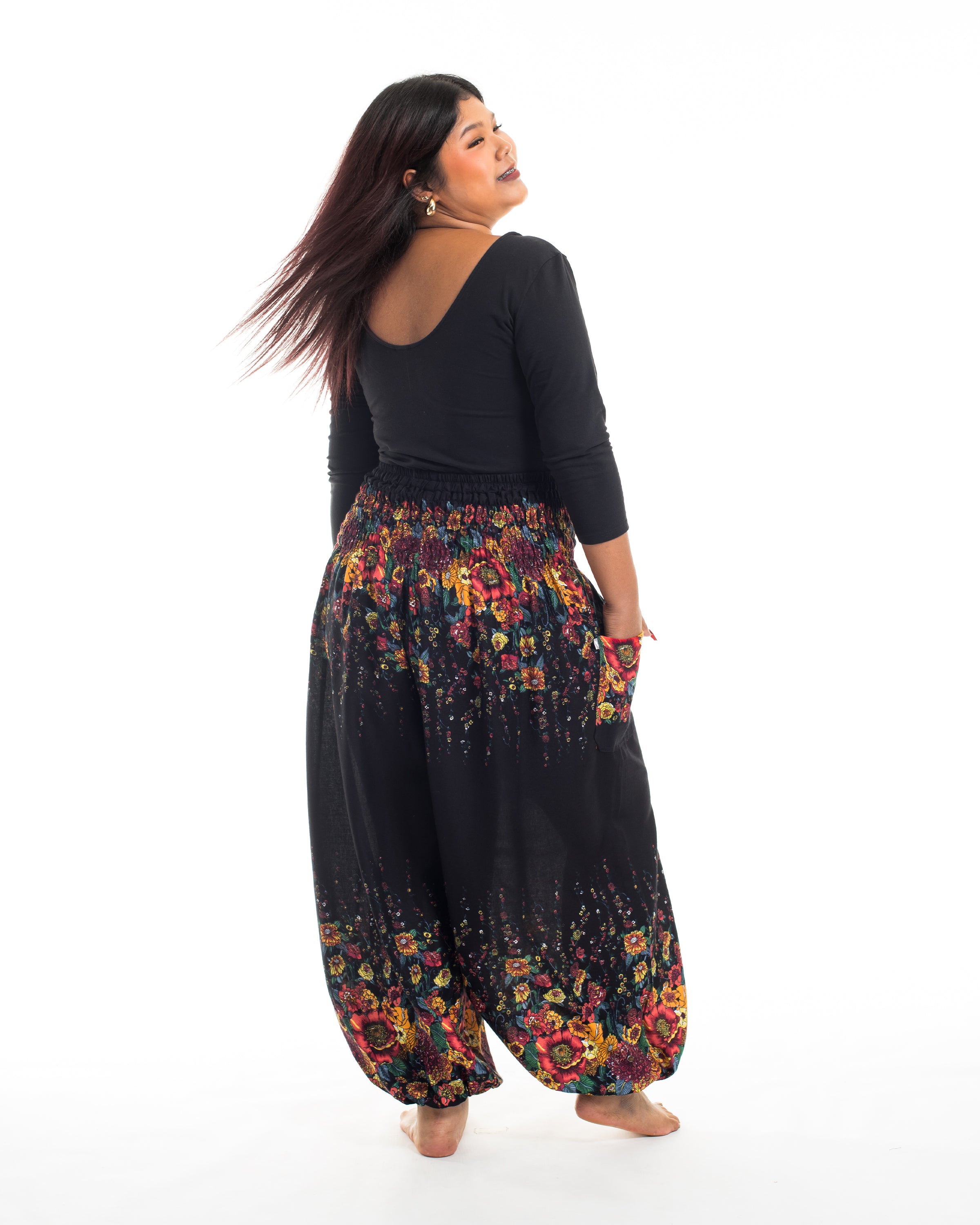 Plus Size Floral Women's Harem Pants in Black