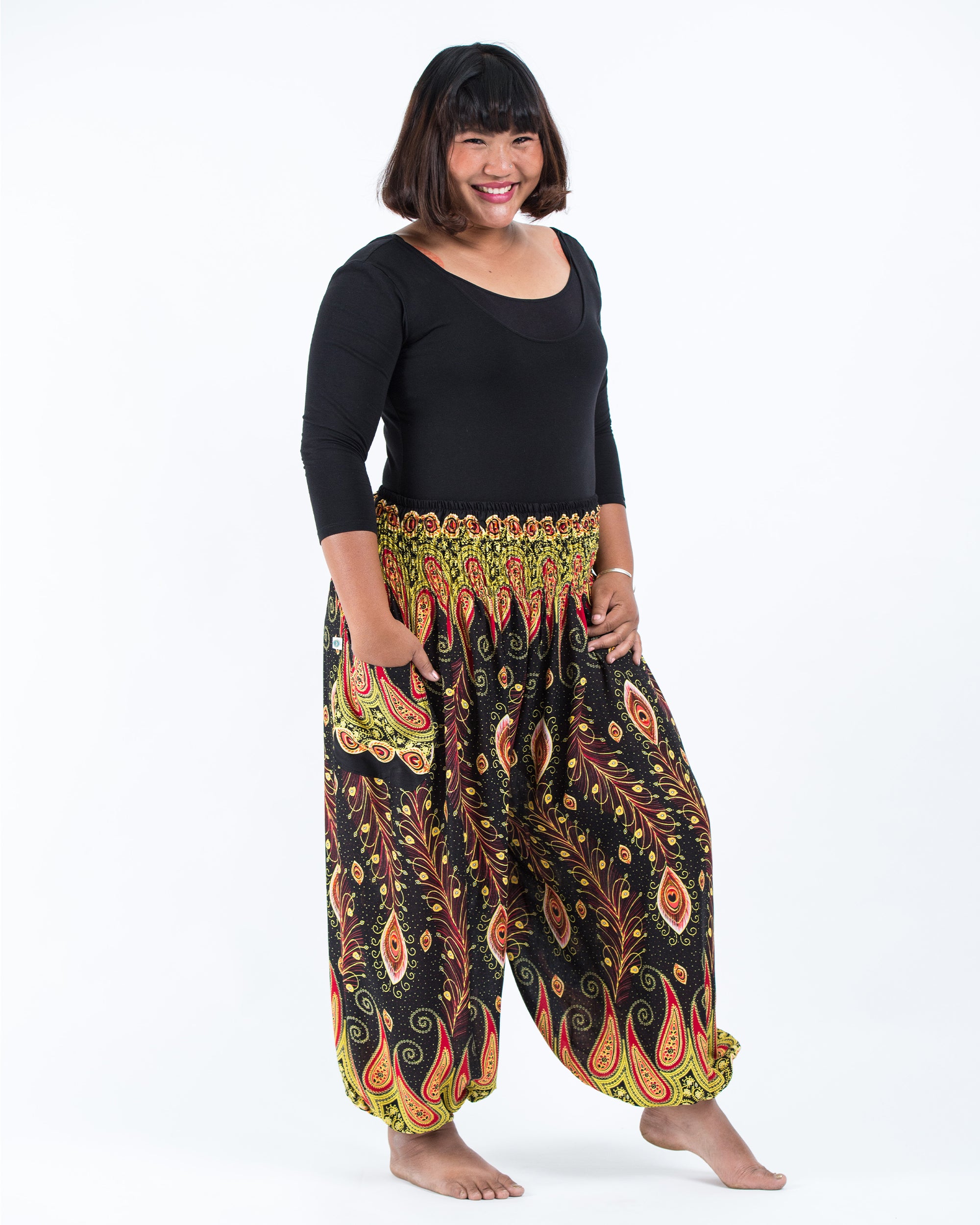 Plus Size Peacock Paisley Women's Harem Pants in Black