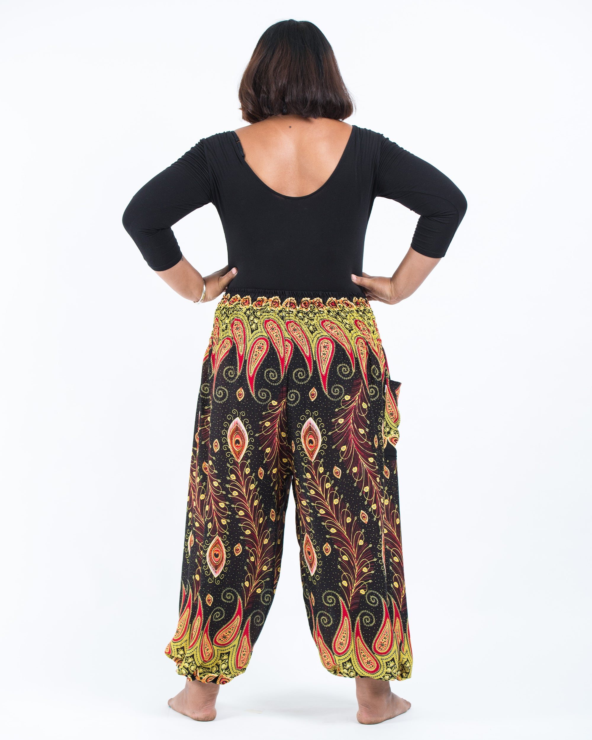 Plus Size Peacock Paisley Women's Harem Pants in Black