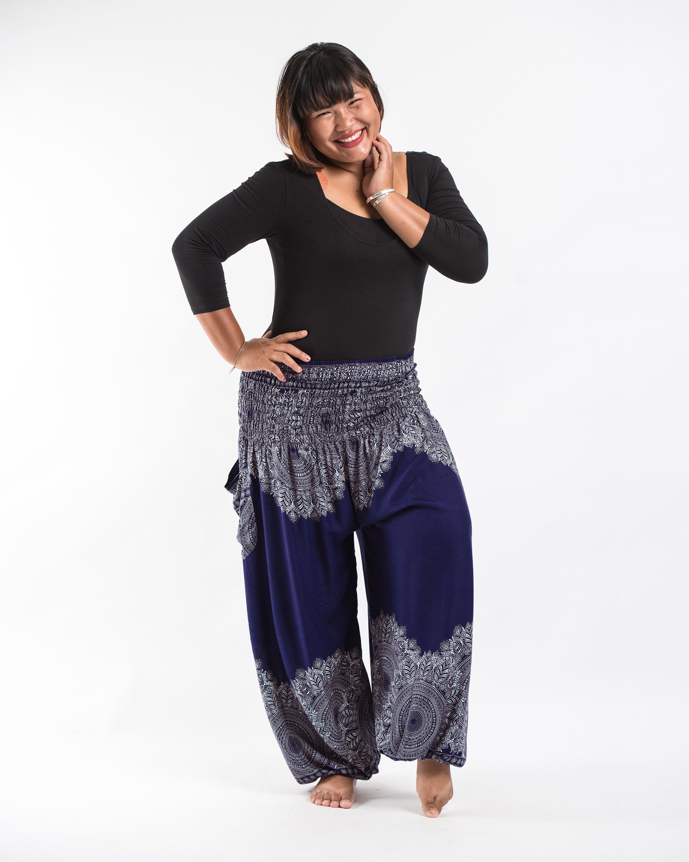 Plus Size Floral Mandalas Women's Harem Pants in Blue