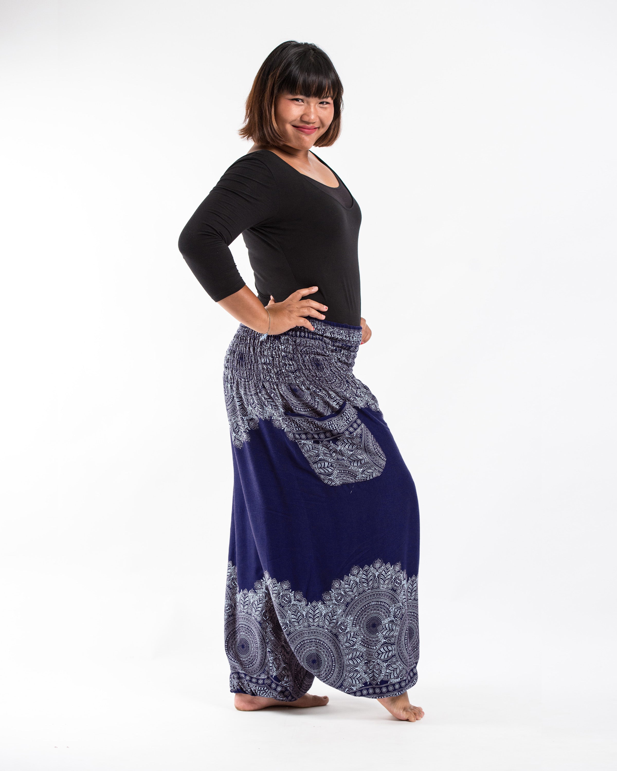 Plus Size Floral Mandalas Women's Harem Pants in Blue