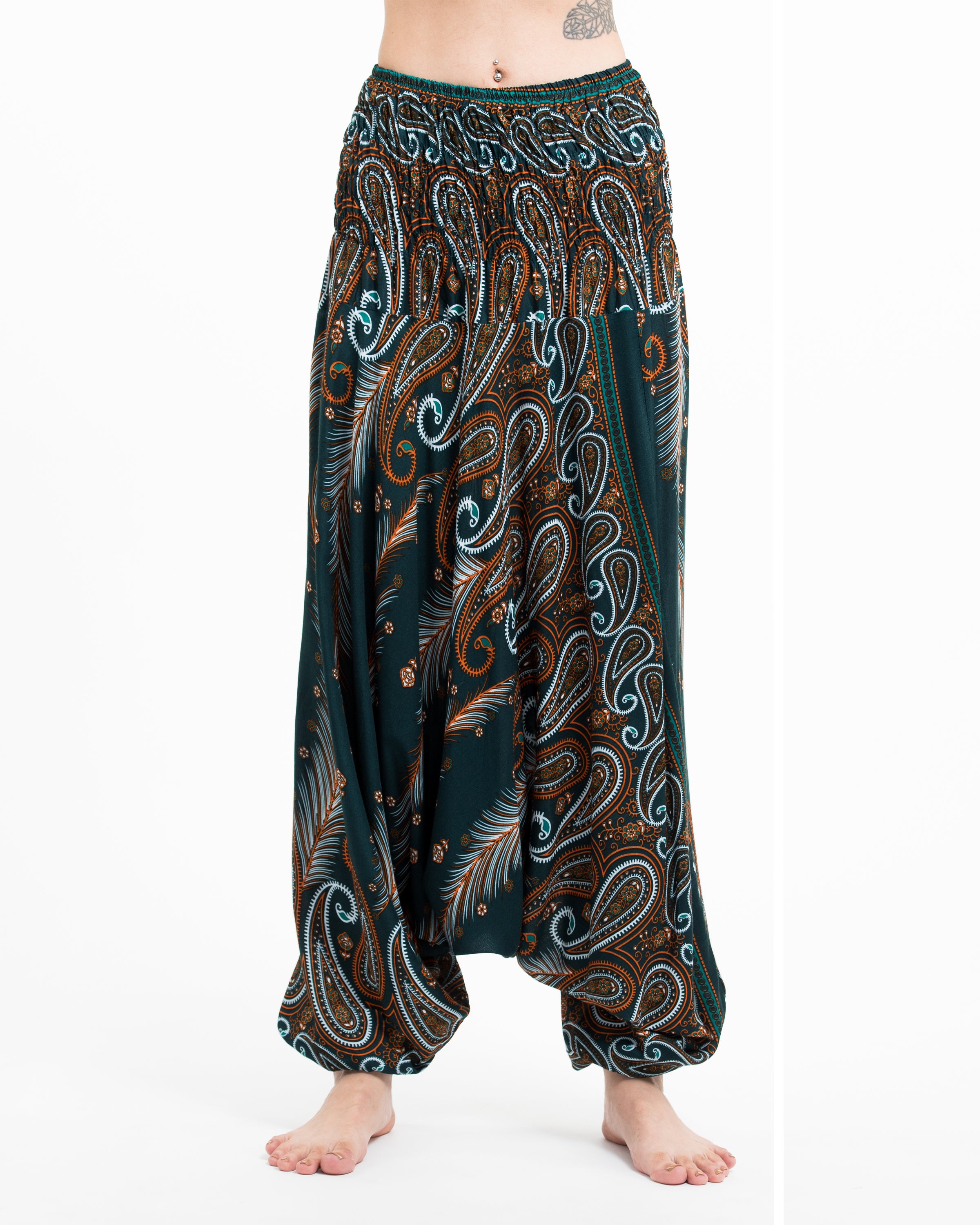 Paisley Feathers 2-in-1 Jumpsuit Harem Pants in Green