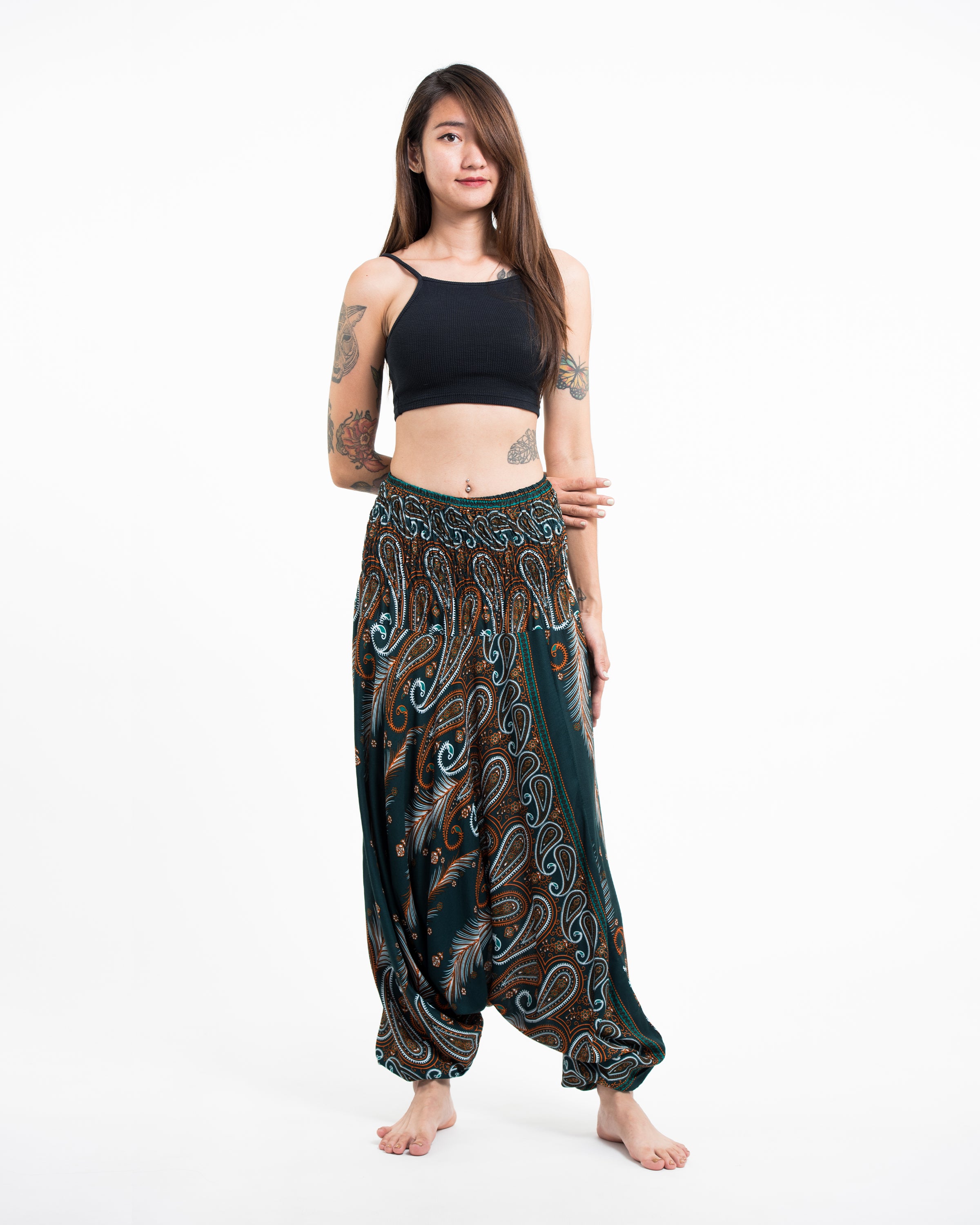 Paisley Feathers 2-in-1 Jumpsuit Harem Pants in Green