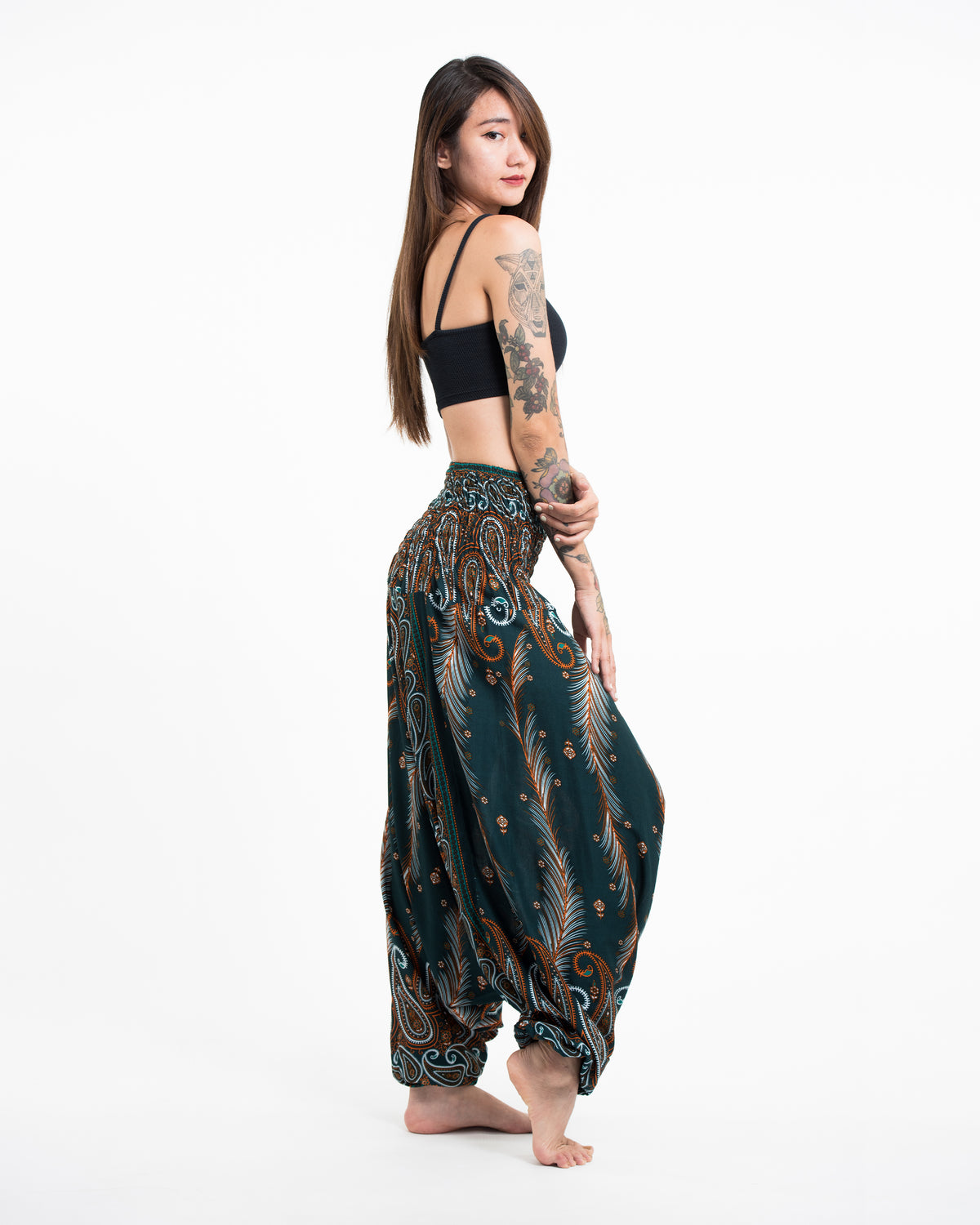 Paisley Feathers 2-in-1 Jumpsuit Harem Pants in Green