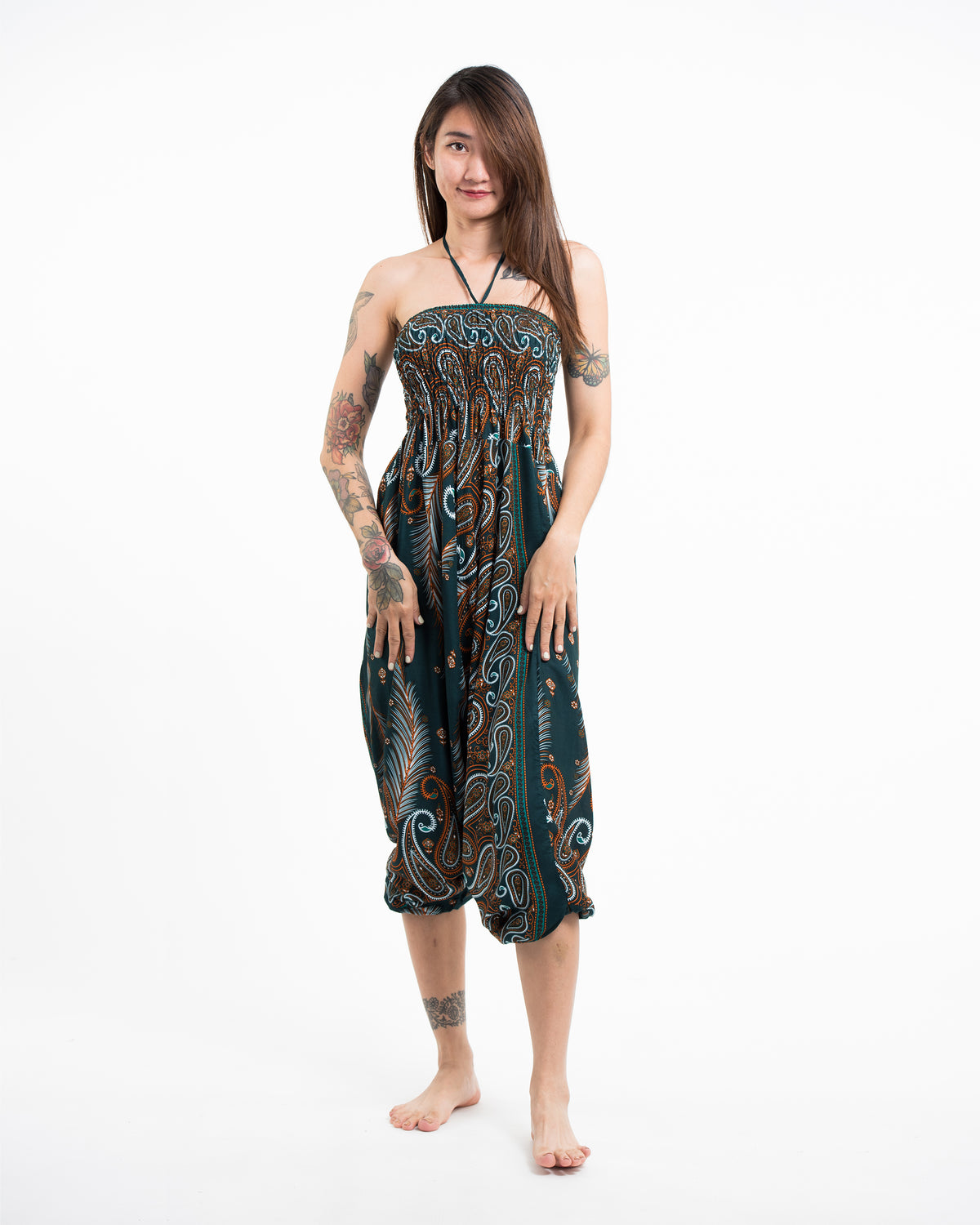 Paisley Feathers 2-in-1 Jumpsuit Harem Pants in Green