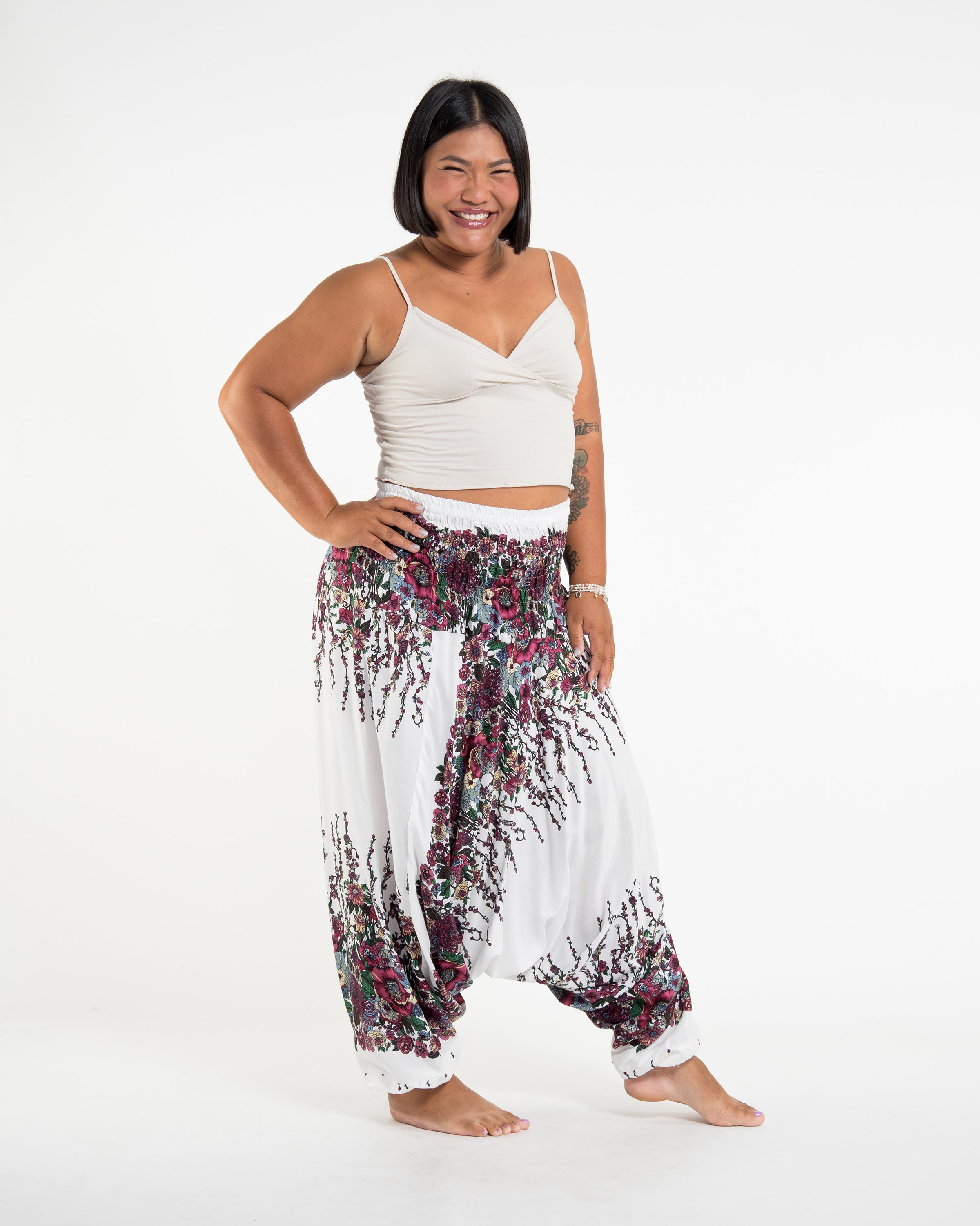 Plus Size Floral 2-in-1 Jumpsuit Harem Pants in White