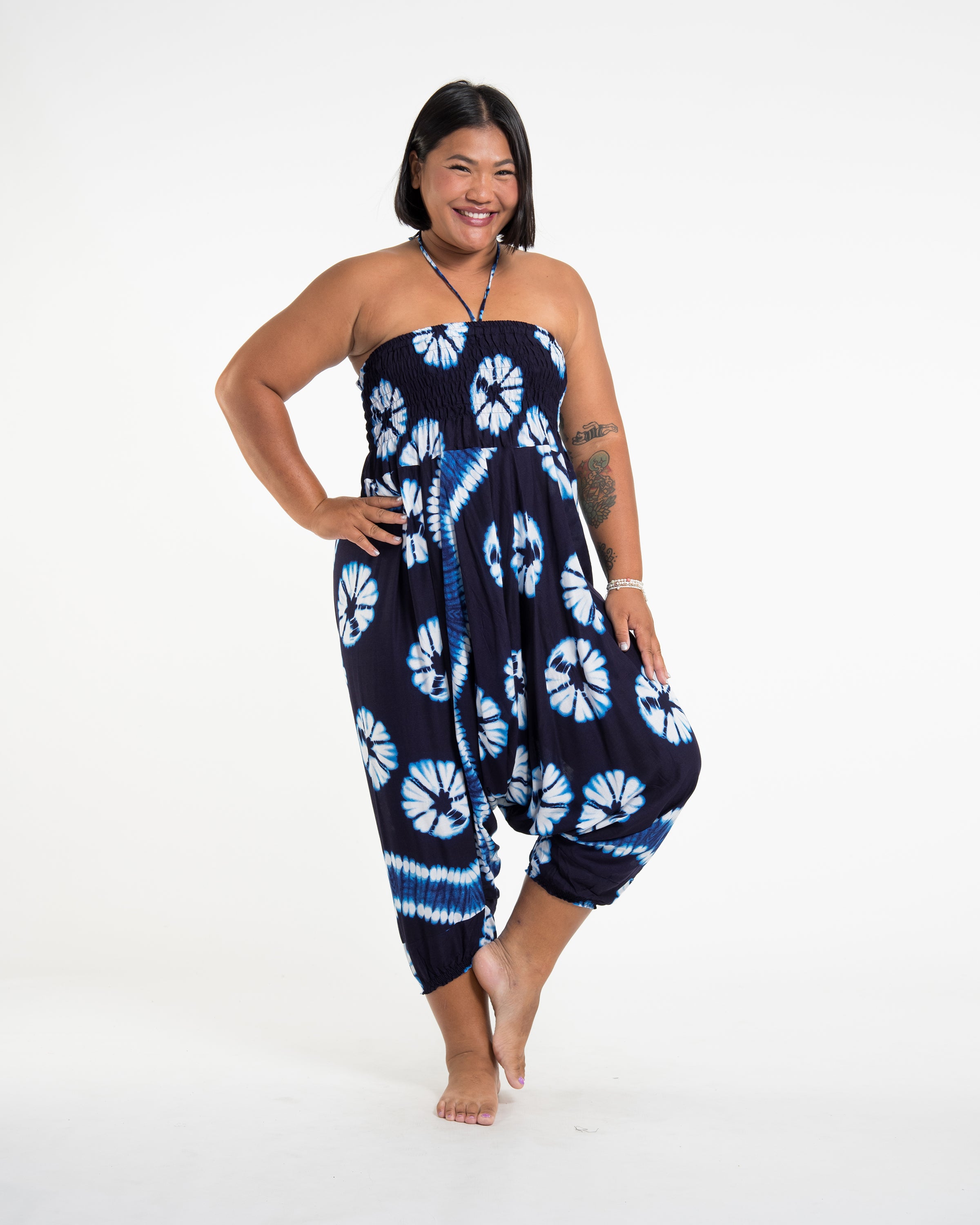 Plus Size Tie Dye 2-in-1 Jumpsuit Harem Pants in Indigo