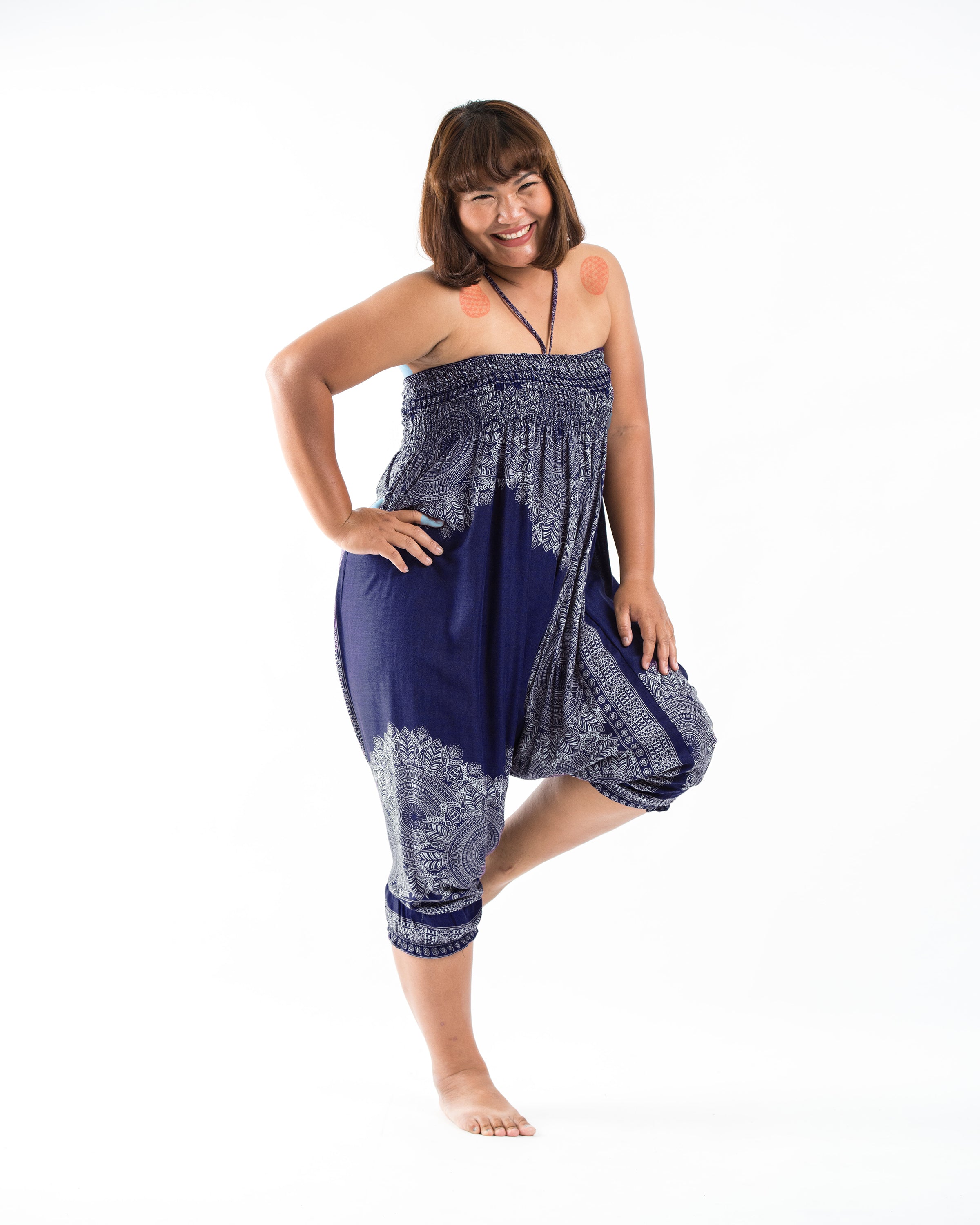 Plus Size Floral Mandalas 2-in-1 Jumpsuit Harem Pants in Blue