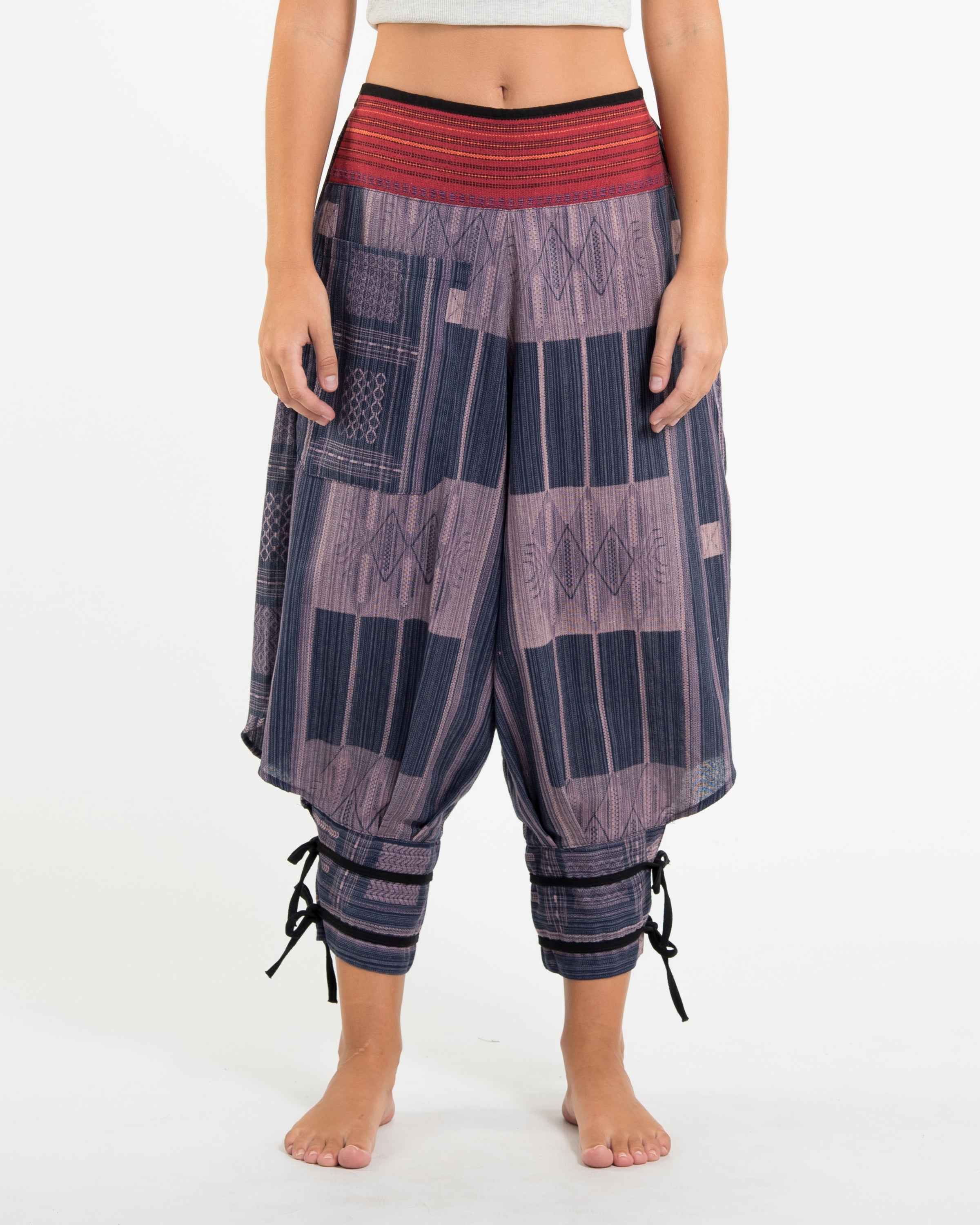 Thai Hill Tribe Fabric Women's Harem Pants with Ankle Straps in Artisan Blue