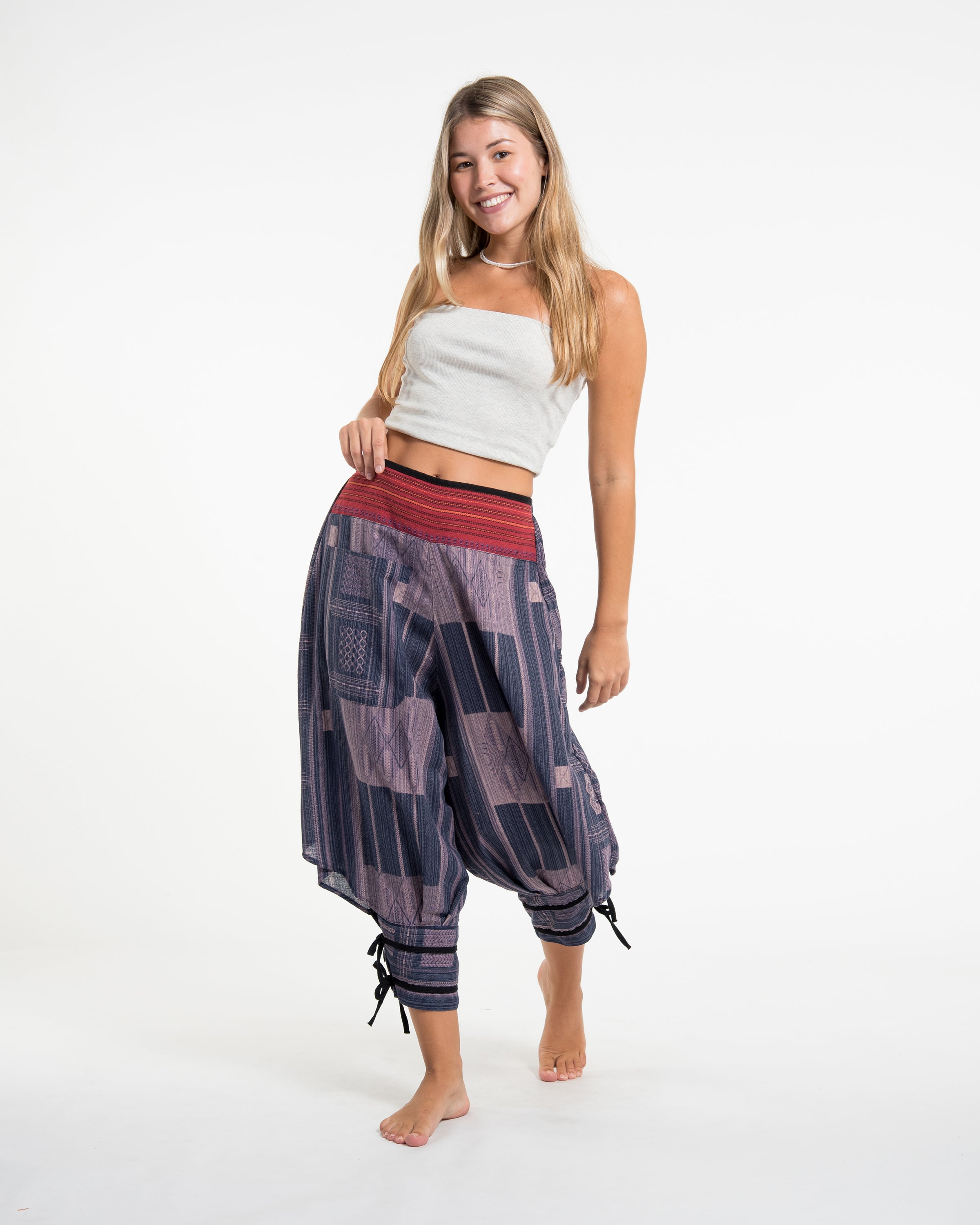 Thai Hill Tribe Fabric Women's Harem Pants with Ankle Straps in Artisan Blue