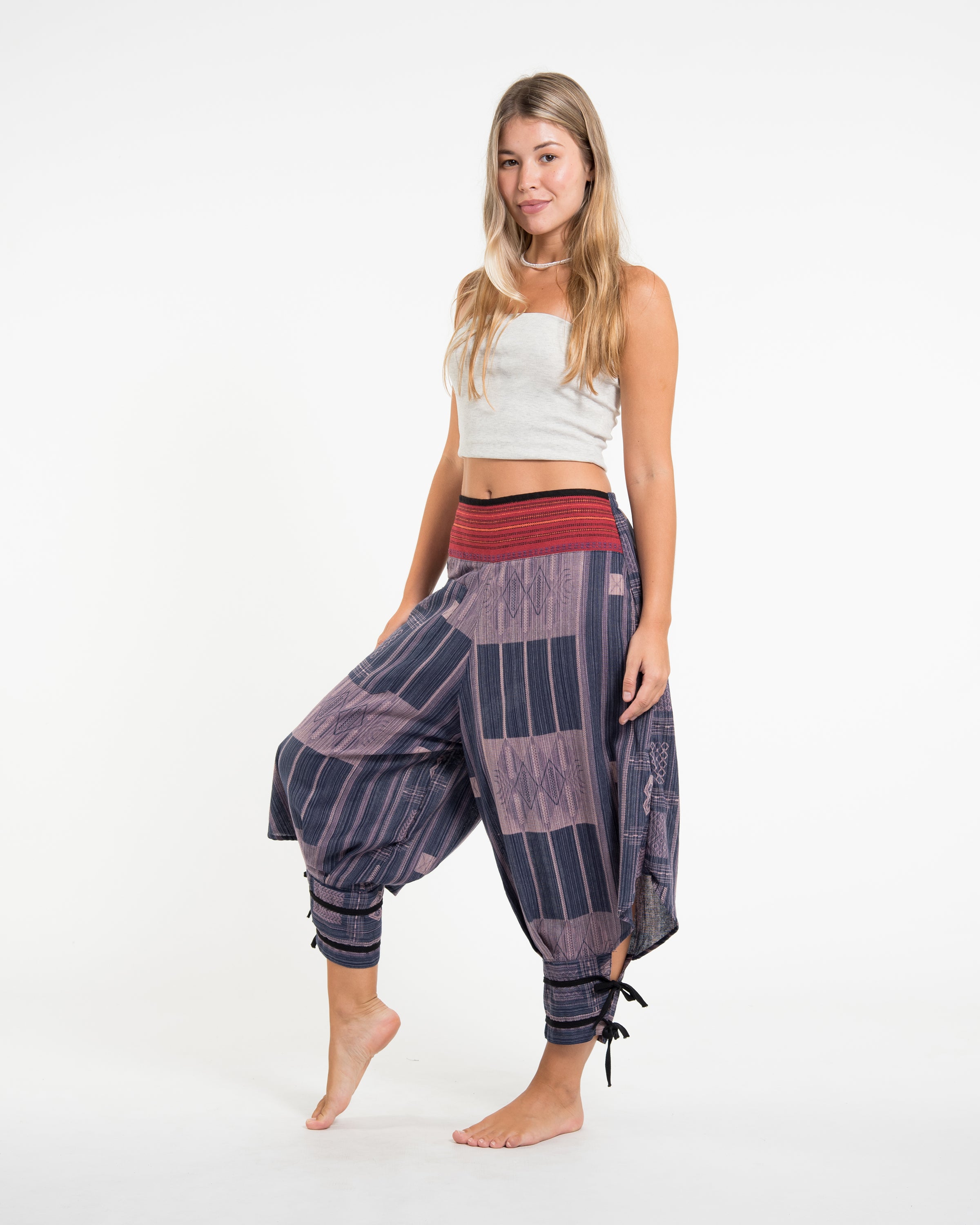 Thai Hill Tribe Fabric Women's Harem Pants with Ankle Straps in Artisan Blue