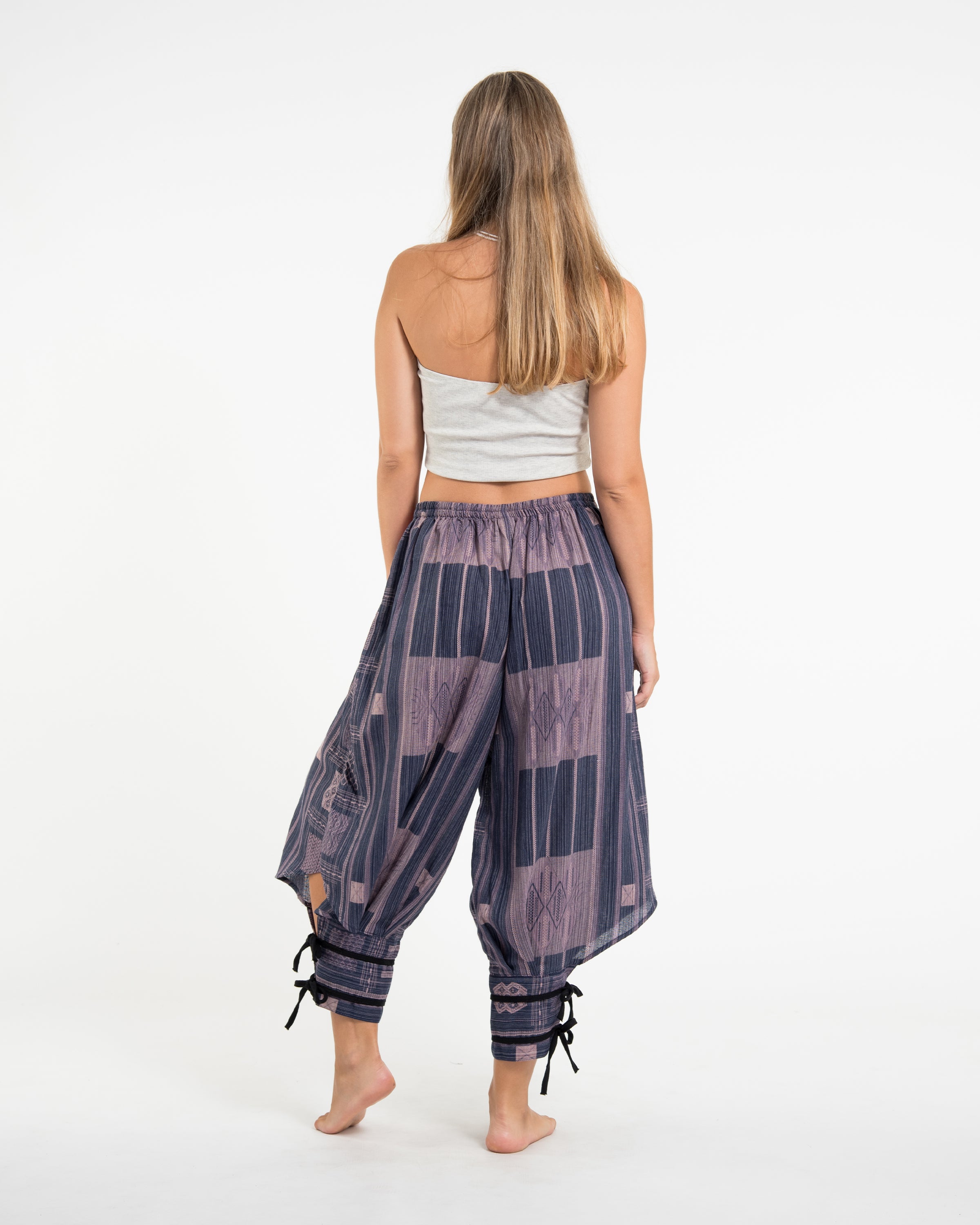 Thai Hill Tribe Fabric Women's Harem Pants with Ankle Straps in Artisan Blue