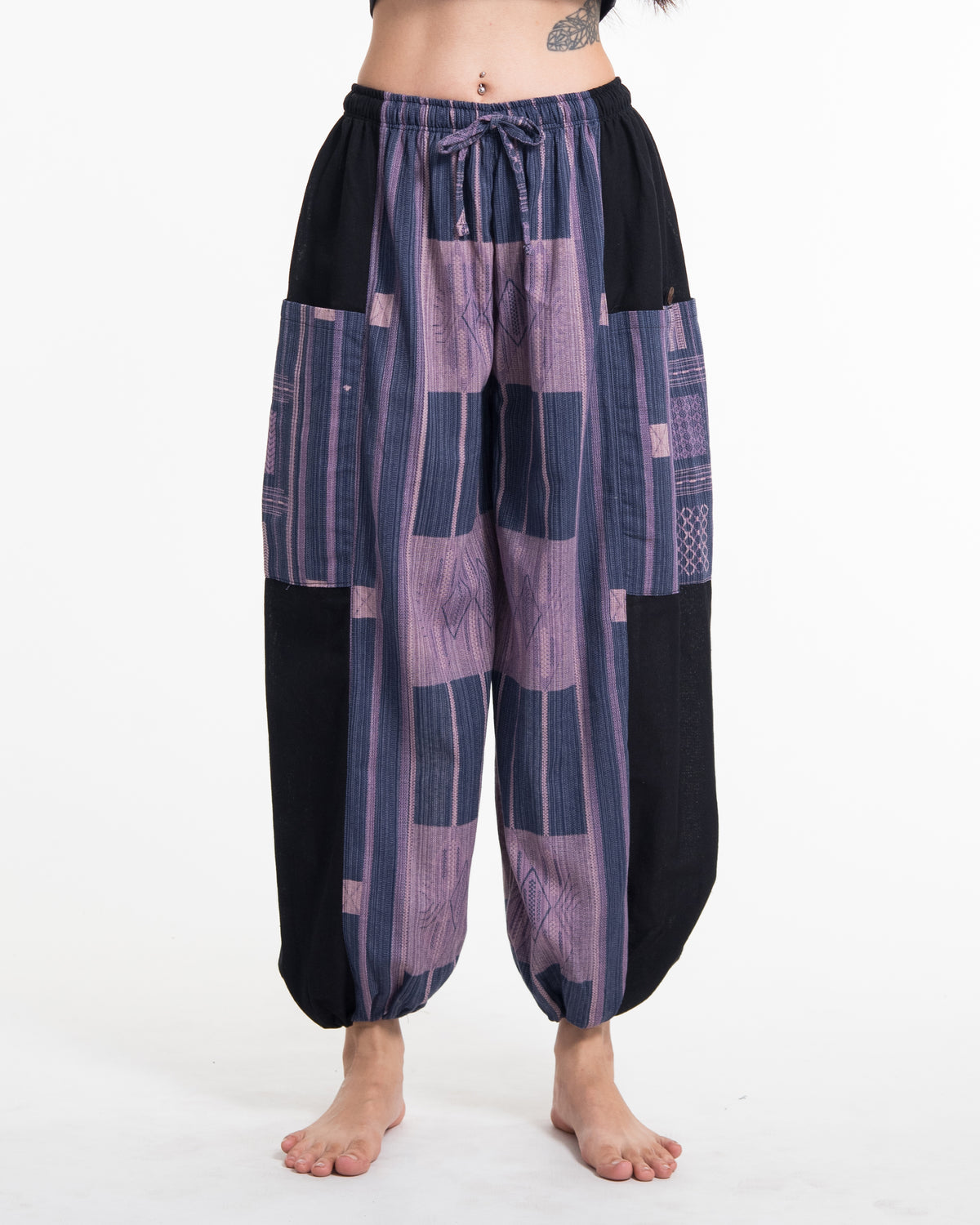 Two Tone Thai Hill Tribe Fabric Women's Cotton Pants in Artisan Blue