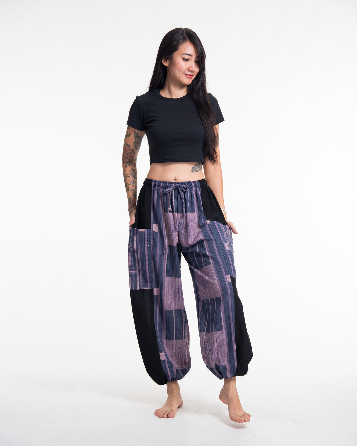 Two Tone Thai Hill Tribe Fabric Women's Cotton Pants in Artisan Blue