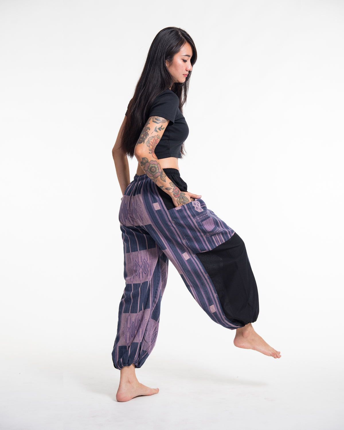 Two Tone Thai Hill Tribe Fabric Women's Cotton Pants in Artisan Blue