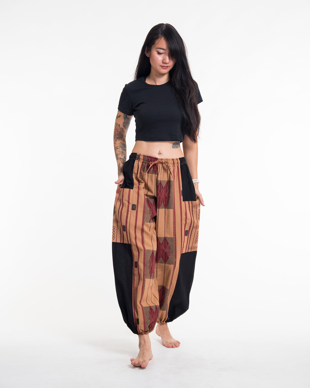 Two Tone Thai Hill Tribe Fabric Women's Cotton Pants in Beige