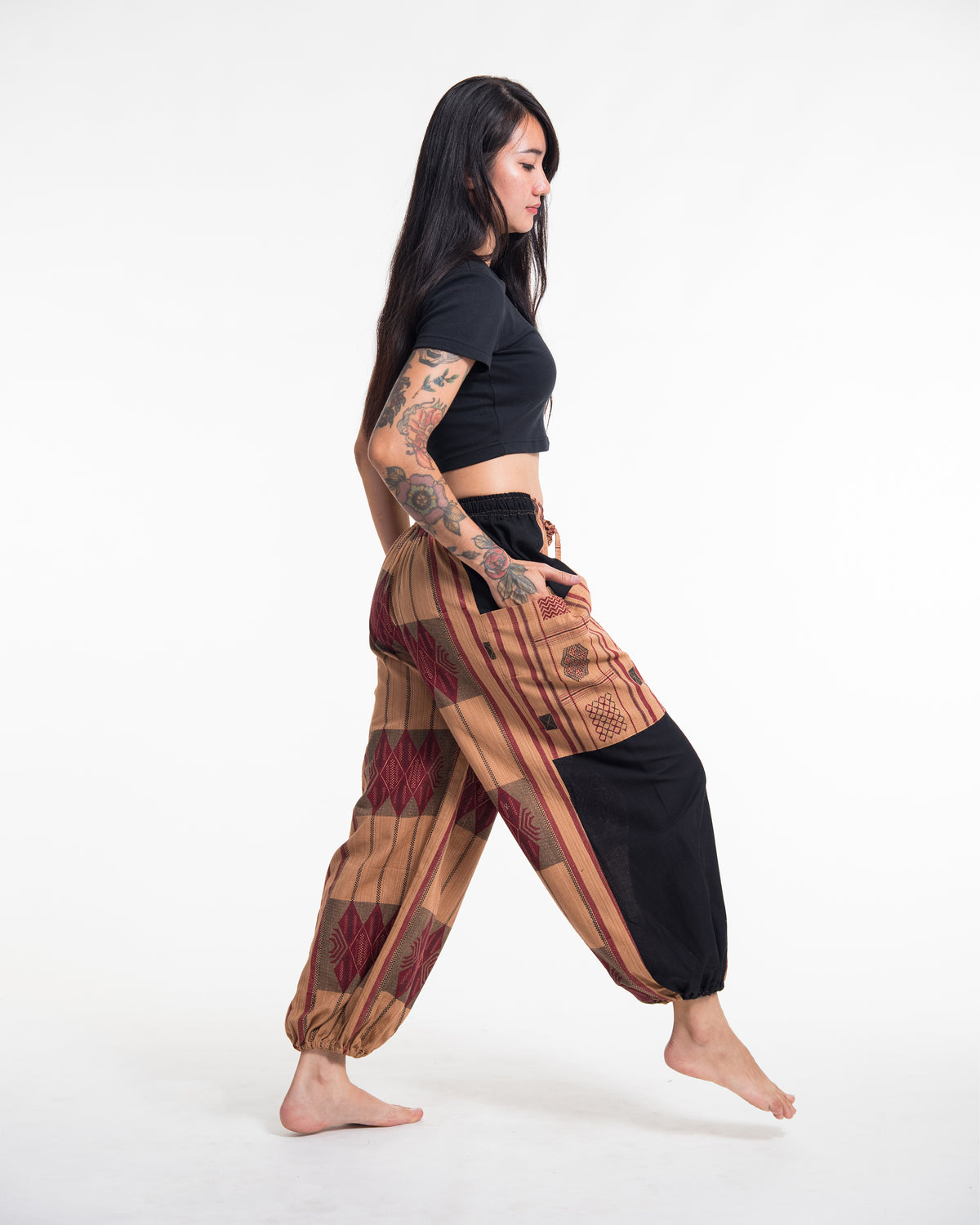 Two Tone Thai Hill Tribe Fabric Women's Cotton Pants in Beige
