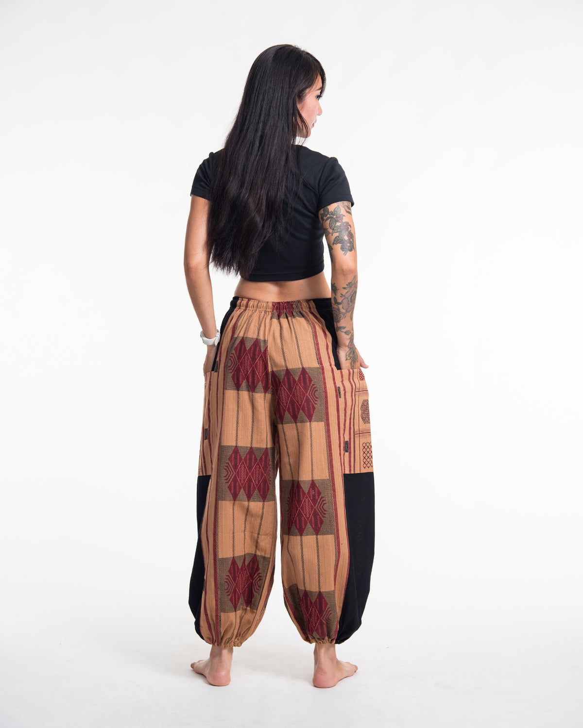 Two Tone Thai Hill Tribe Fabric Women's Cotton Pants in Beige