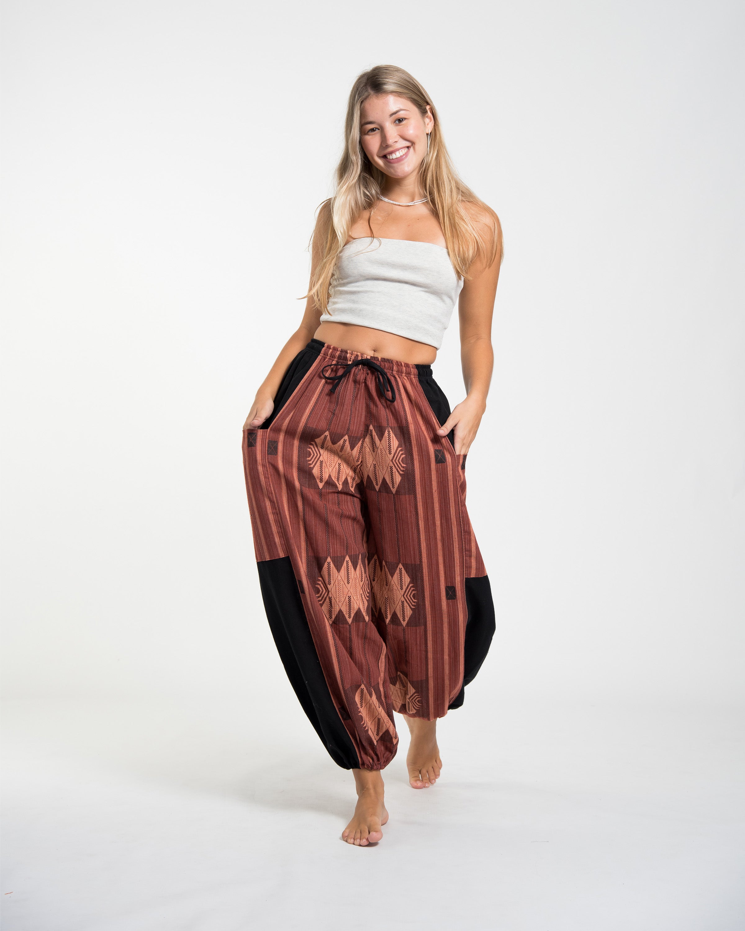 Two Tone Thai Hill Tribe Fabric Women's Cotton Pants in Brick
