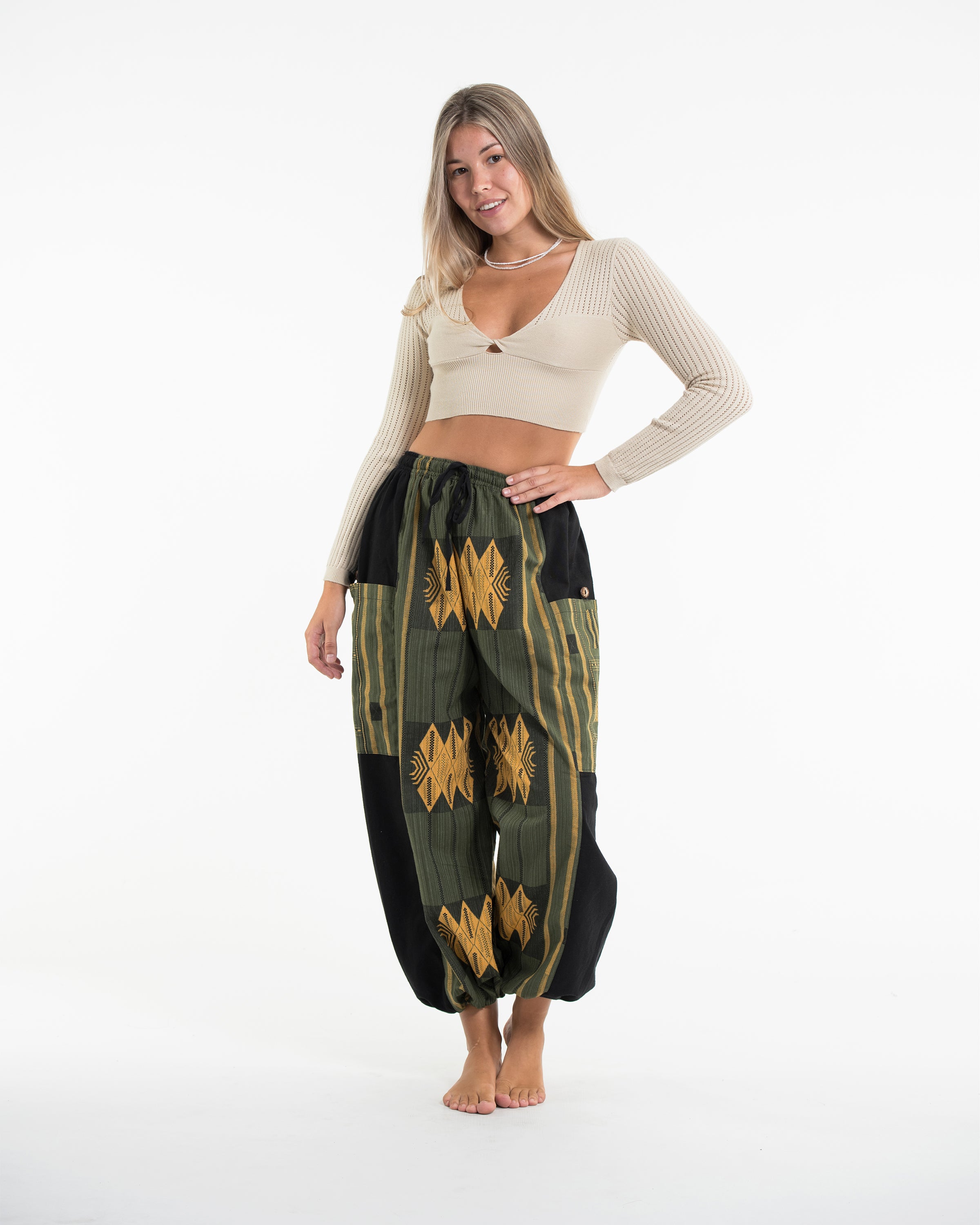 Two Tone Thai Hill Tribe Fabric Women's Cotton Pants in Green