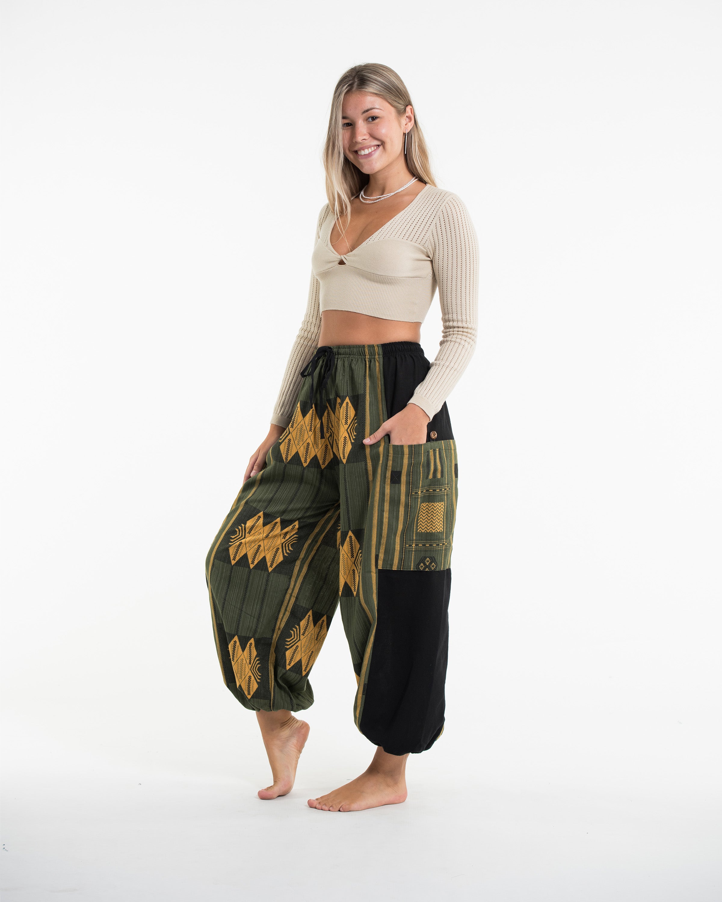 Two Tone Thai Hill Tribe Fabric Women's Cotton Pants in Green