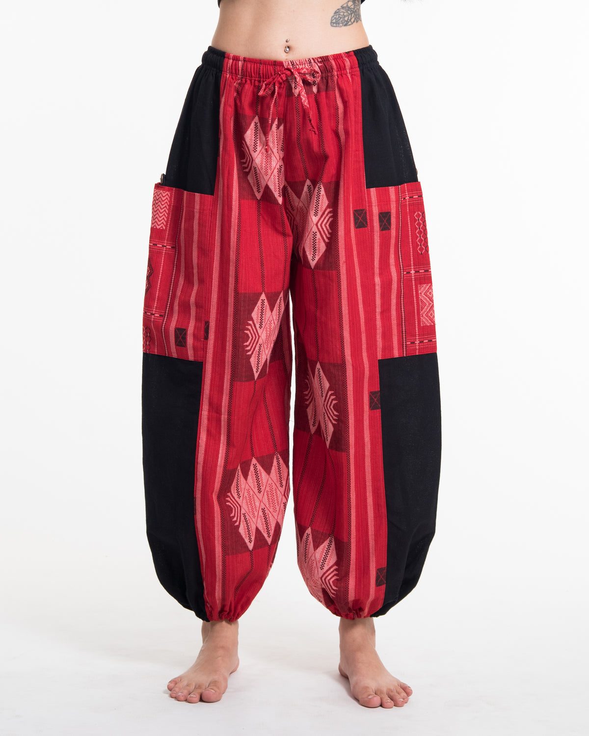 Two Tone Thai Hill Tribe Fabric Women's Cotton Pants in Red