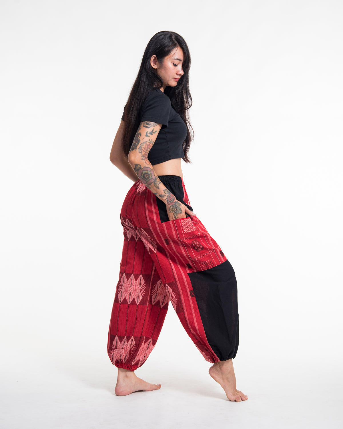 Two Tone Thai Hill Tribe Fabric Women's Cotton Pants in Red