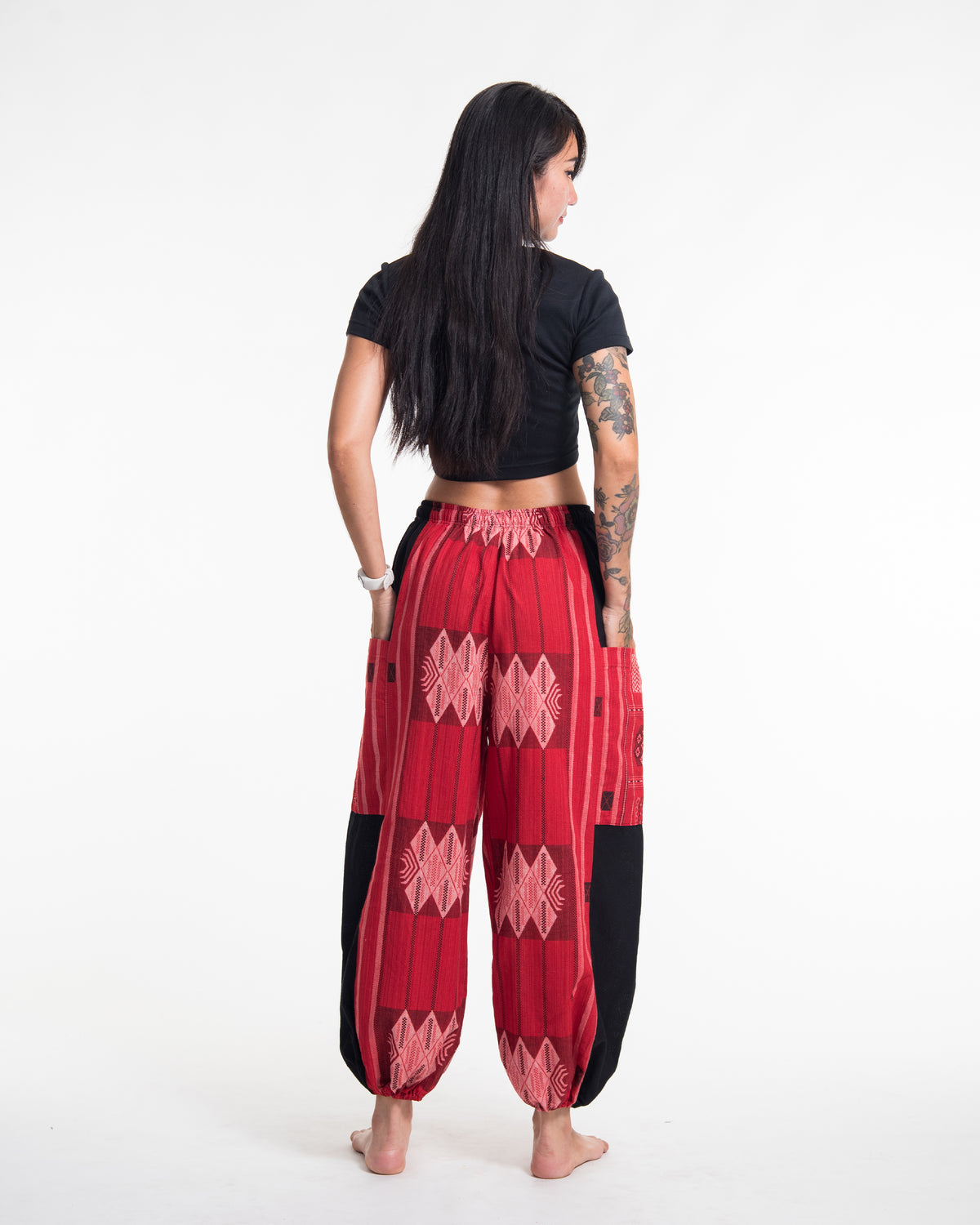 Two Tone Thai Hill Tribe Fabric Women's Cotton Pants in Red
