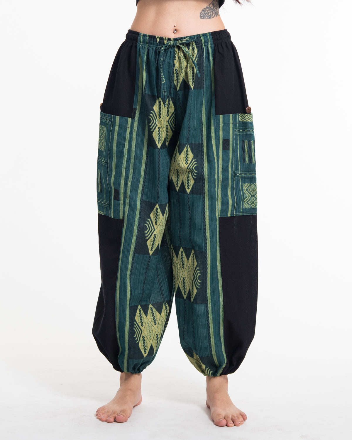 Two Tone Thai Hill Tribe Fabric Women's Cotton Pants in Teal