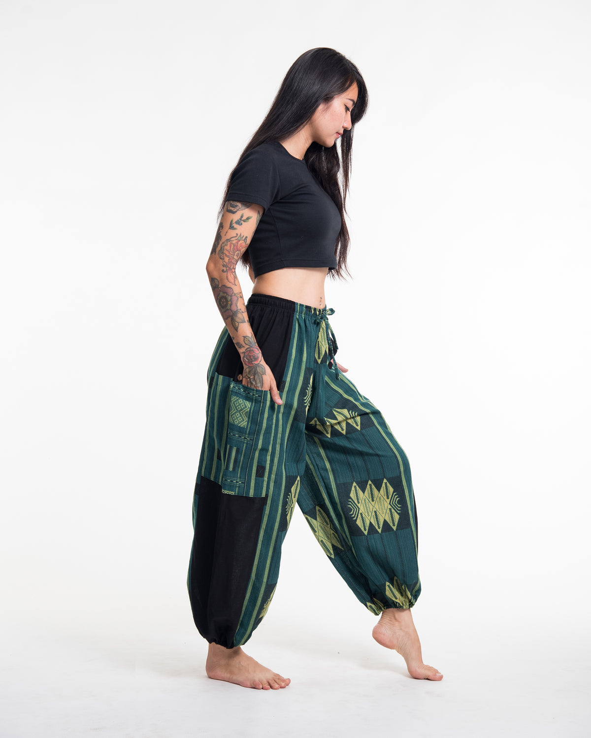 Two Tone Thai Hill Tribe Fabric Women's Cotton Pants in Teal