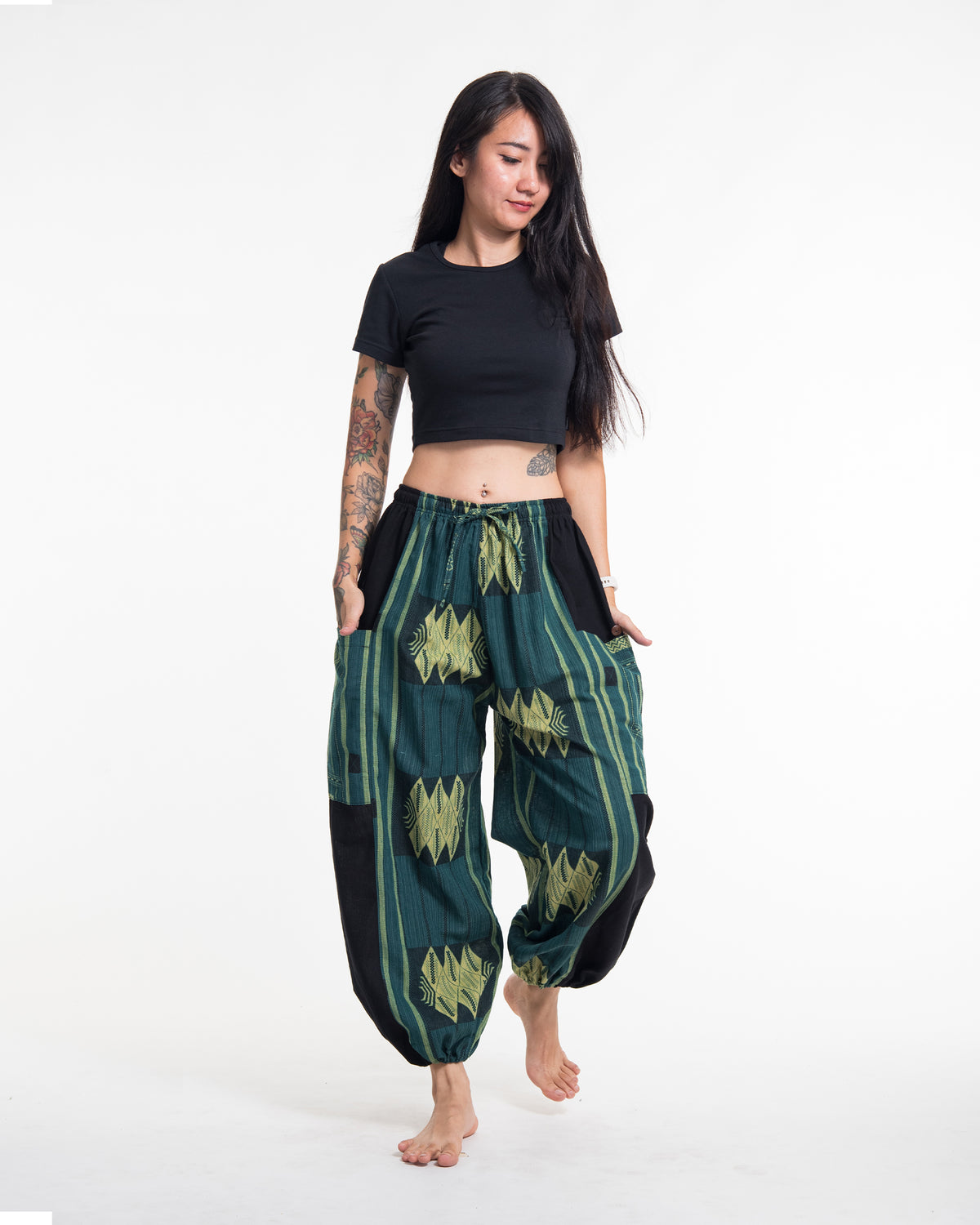 Two Tone Thai Hill Tribe Fabric Women's Cotton Pants in Teal