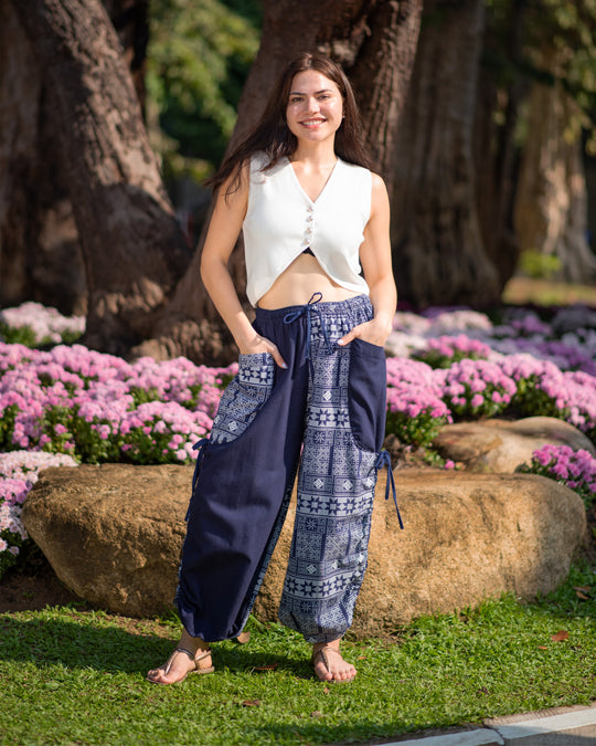 Two Tone Traditional Prints Women's Cotton Pants in Navy