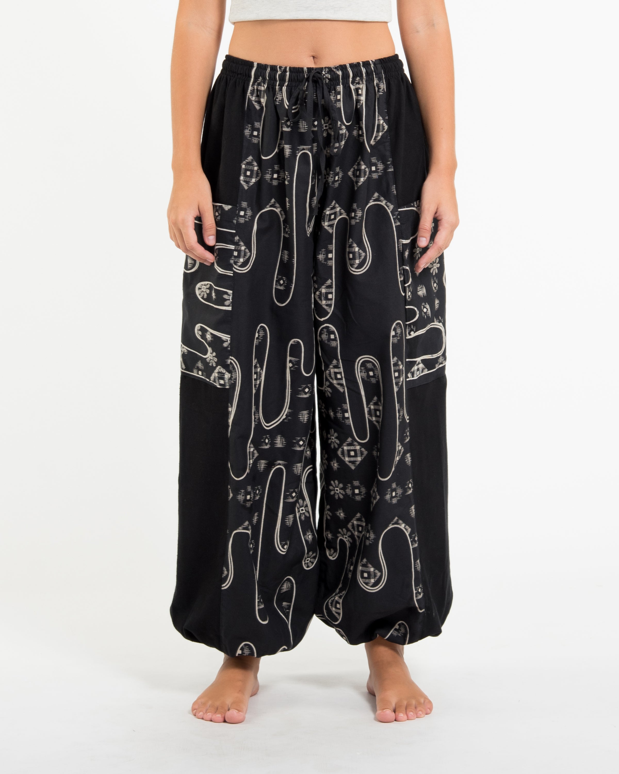 Two Tone Japanese Print Women's Cotton Pants in Black